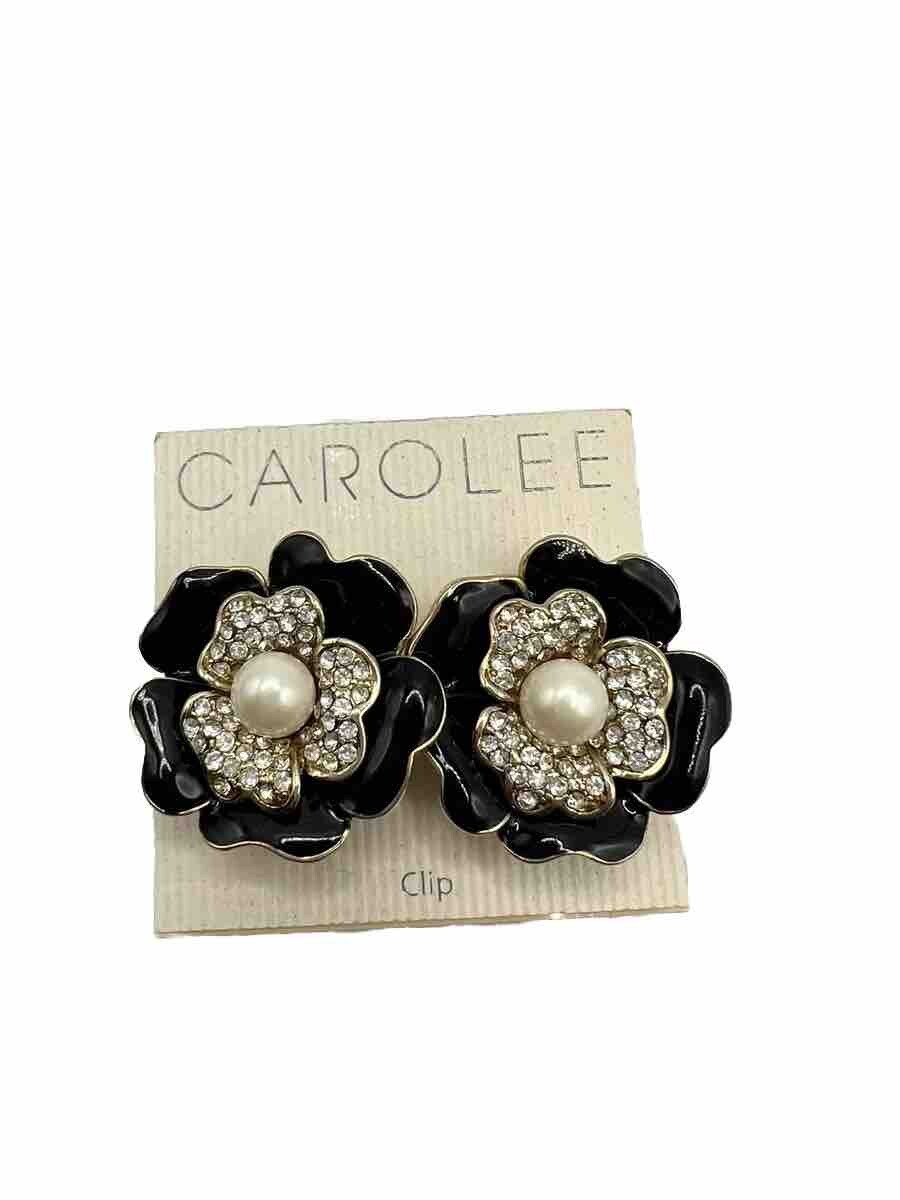 Carolee Clip On Earring Black Enamel Flower Rhinestones Faux Pearl 1 1/2″ Across