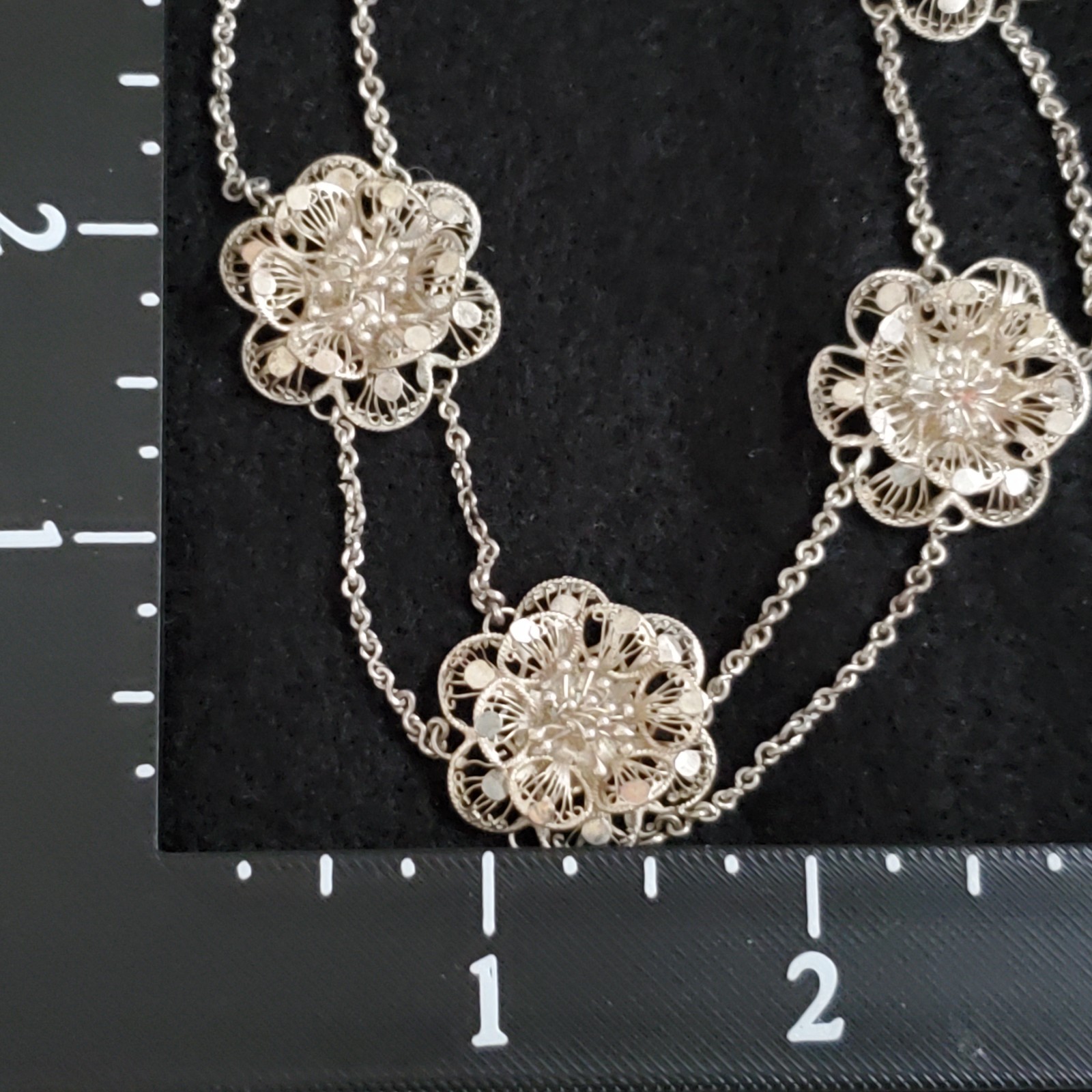 Sterling Silver Cannetille Filigree Necklace Floral Station Swag Choker 15″