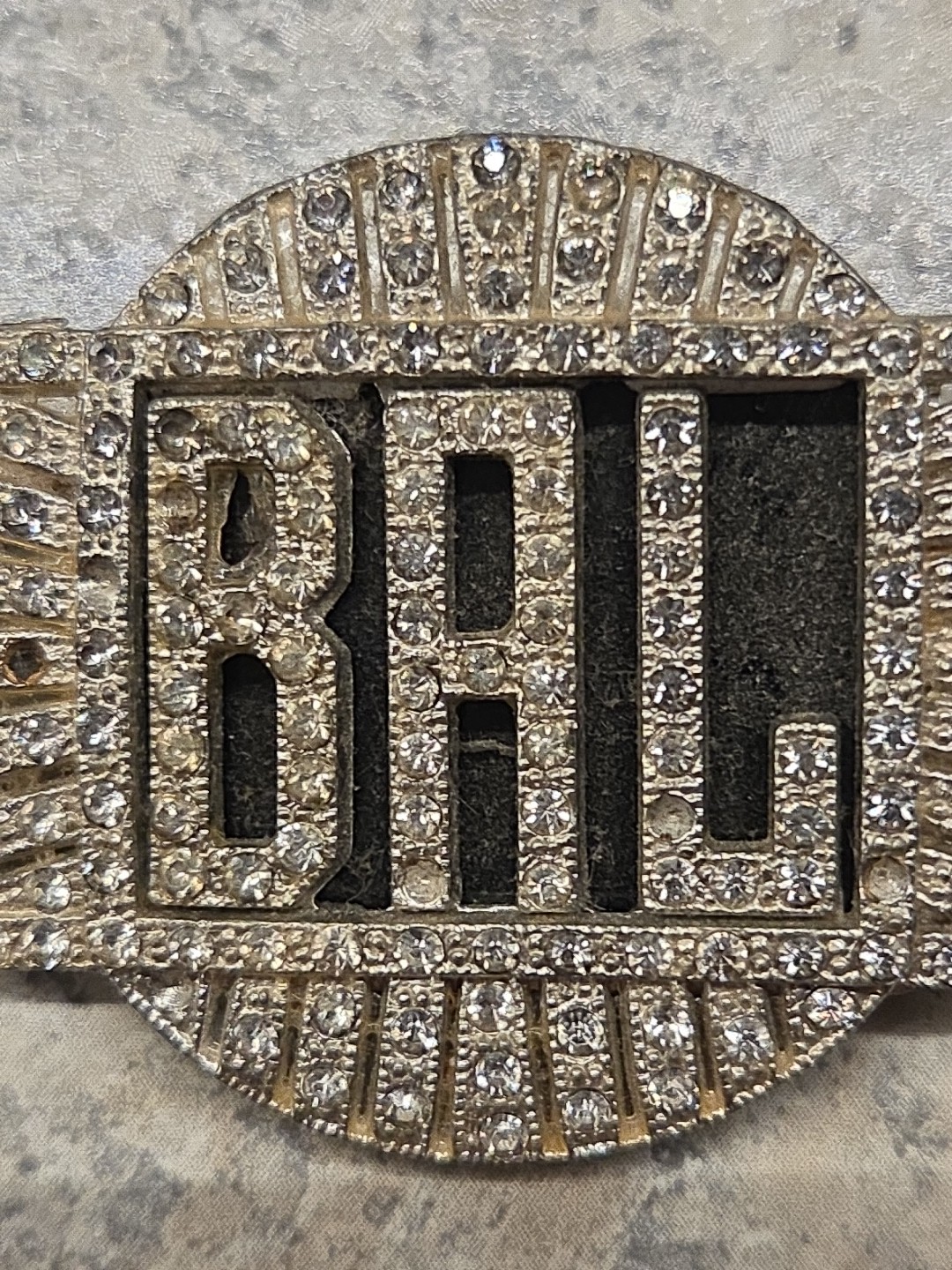 Vintage Art Deco Rhinestone Initial “BAL” Silver Tone Brooch Pin 2″ x 1.5″