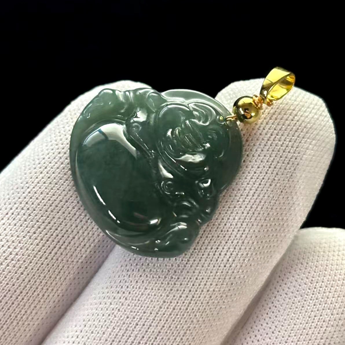 Hi-grade Natural Green Jade Jadeite Pendant ‘Buddha Happy’, 25x24mm, w/Necklace