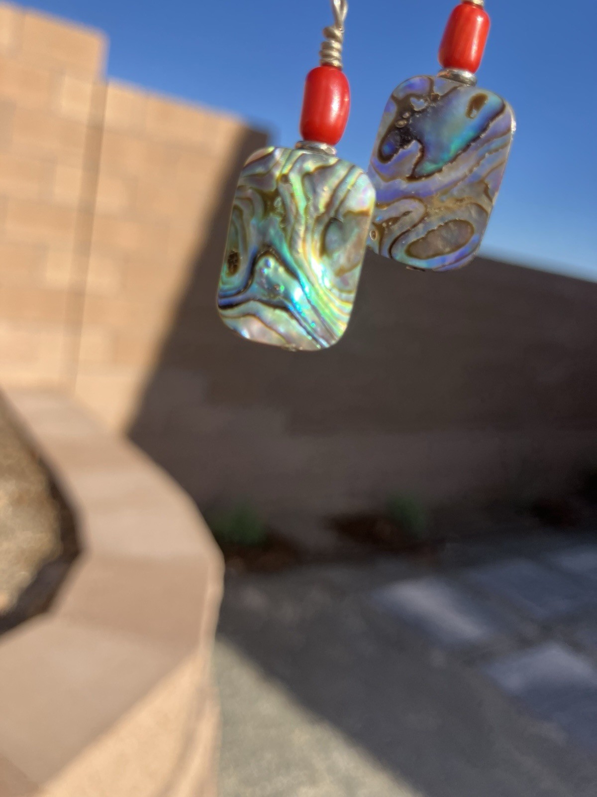 VTG Abalone Shell Earrings Rectangle Paua Shell Red Bead Fish Hook Dangle