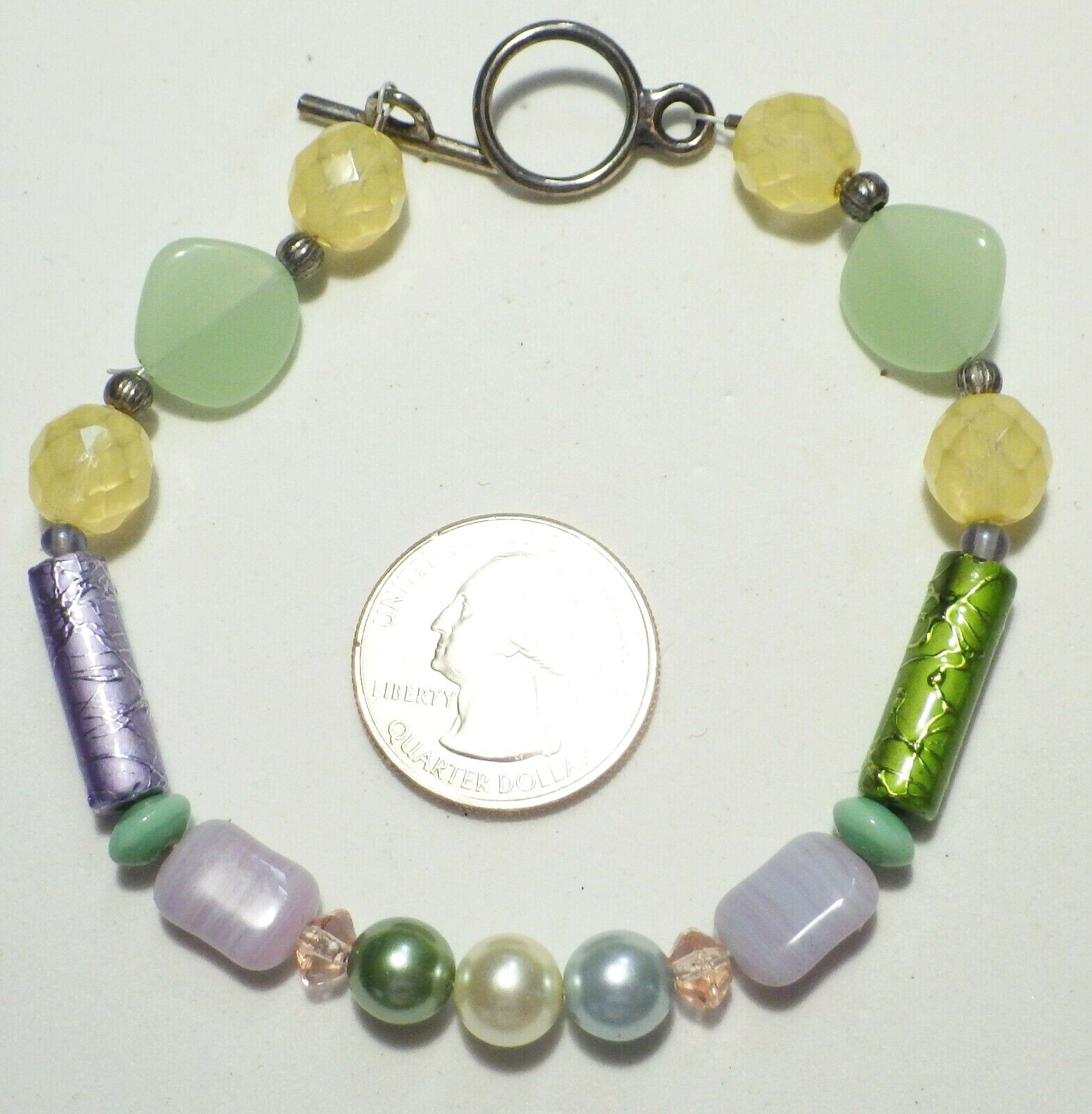 Vtg Agate/Crystal/Art Glass Bead Bracelet/Anklet, Multi-Color Pastels, ST 8.75″
