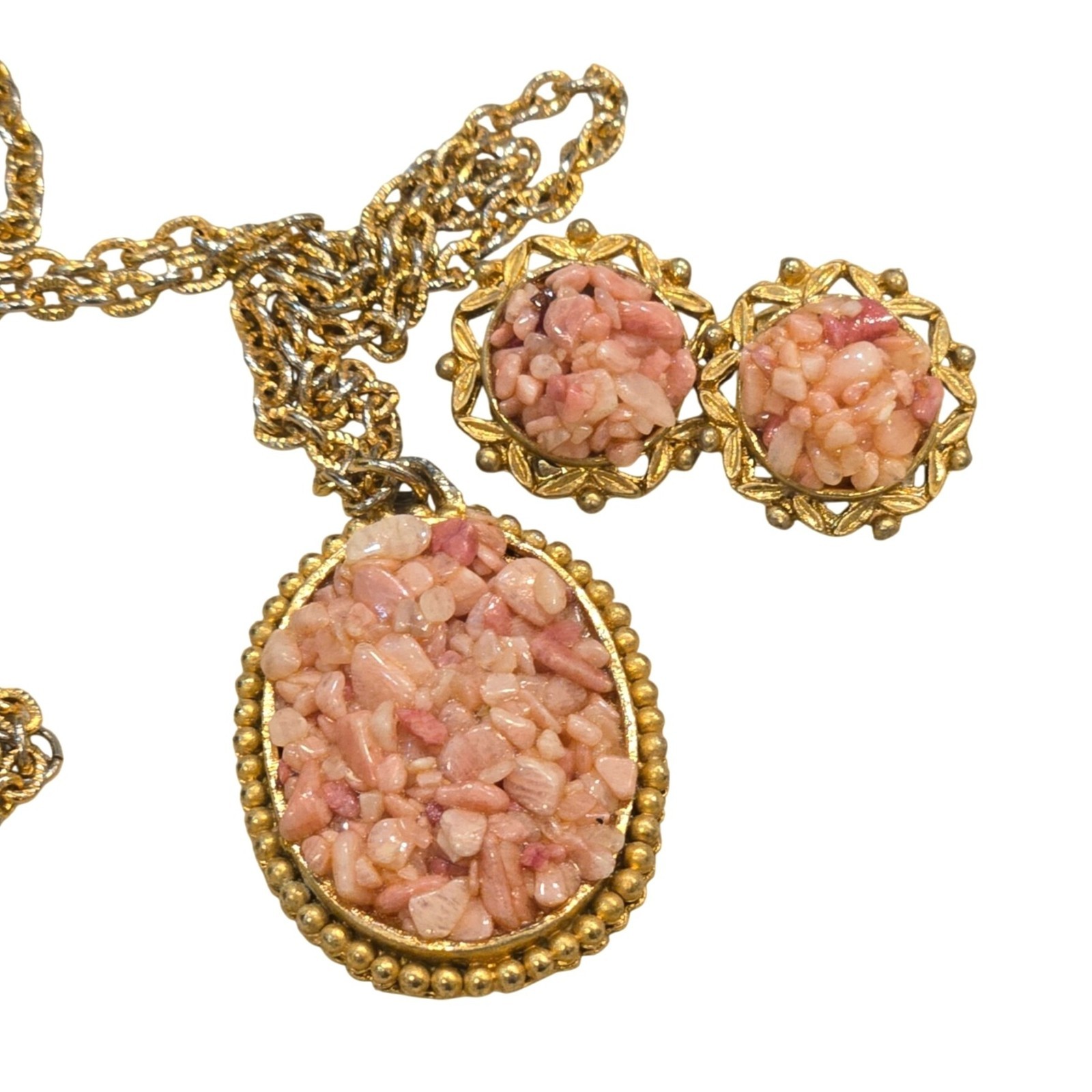 Vintage Pink Agate Chip Necklace and earring set Pendant retro costume Jewelry