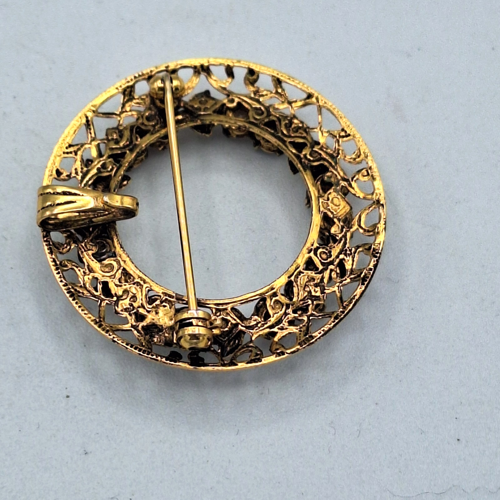 Vintage Faux Opal Filigree Wreath Brooch Pin with Pendant Bail, Gold Tone, 1.25″
