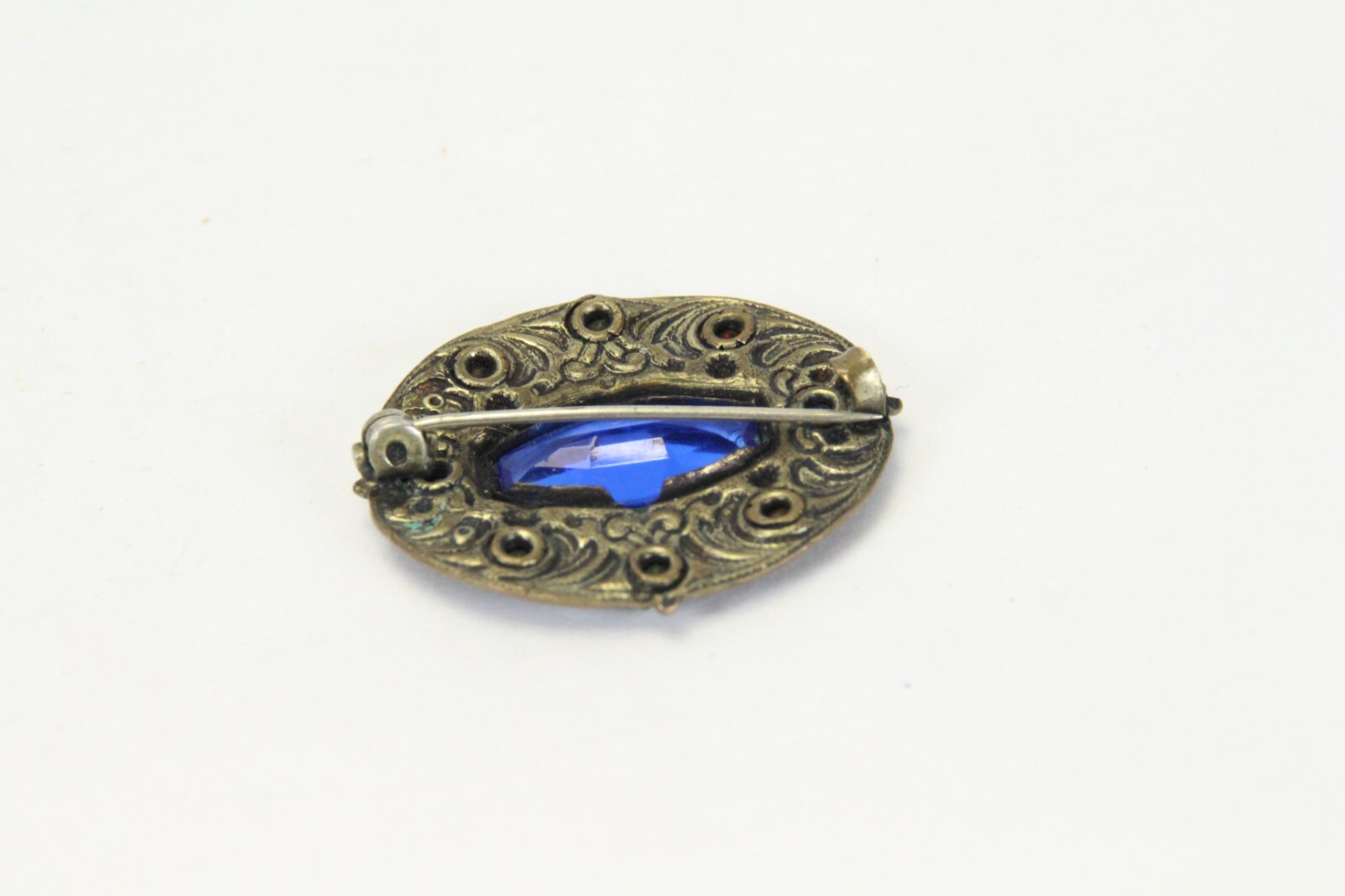 Czech Glass Goldtone Filigree Brooch Art Nouveau Blue Lozenge Fruit Salad