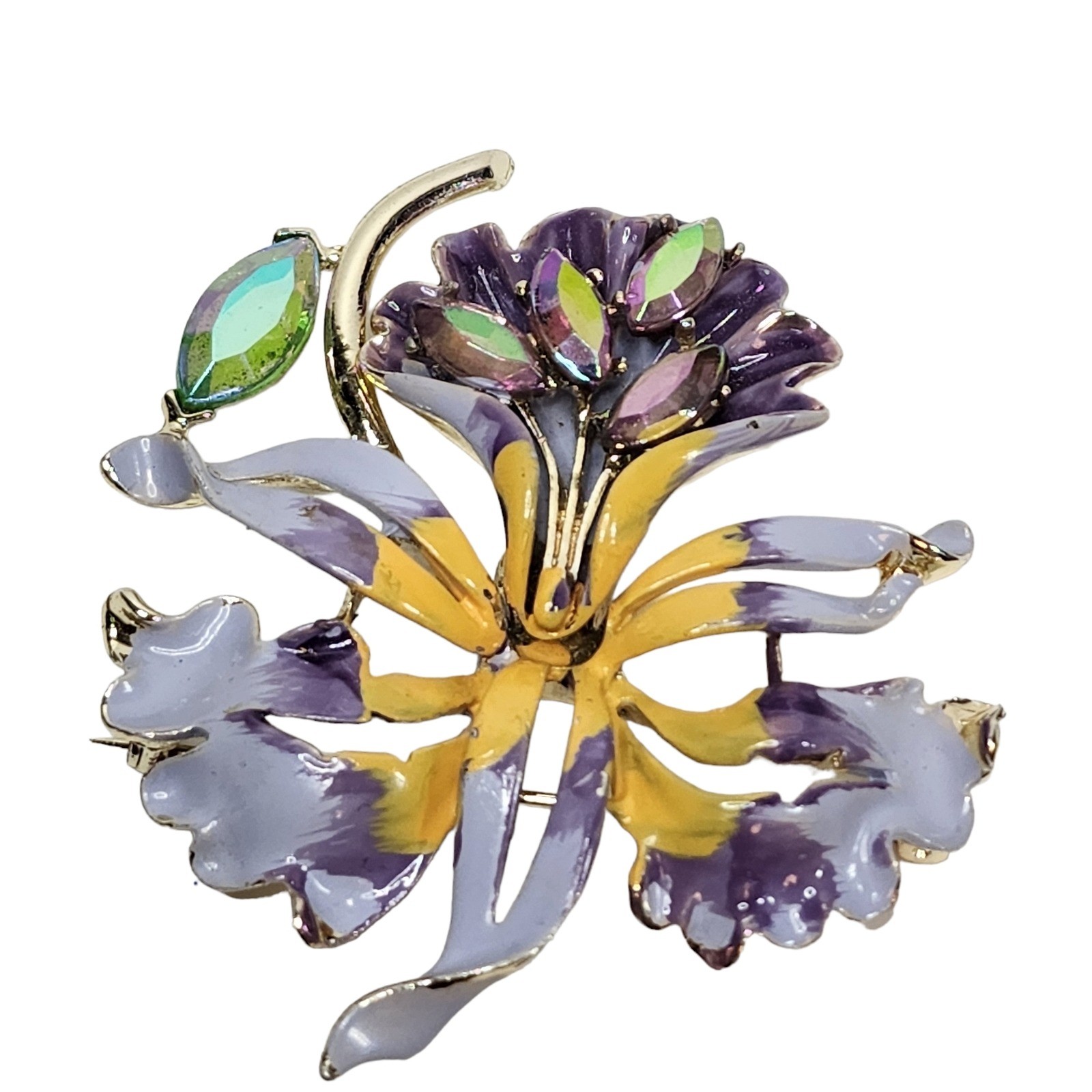 Vintage Signed B.S.K. Orchid Brooch Enamel Glass Crystal Purple Brooch Pin