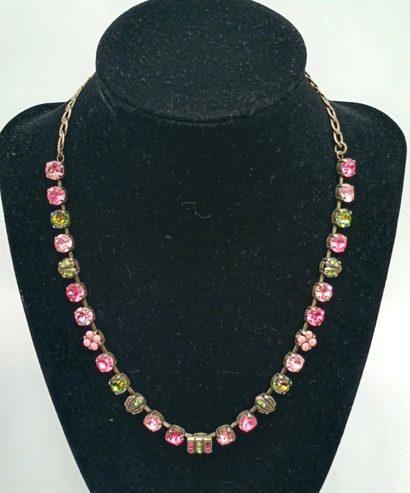 Vintage Mariana Swarovski Crystal Necklace Pink Green Silver Tone Israel
