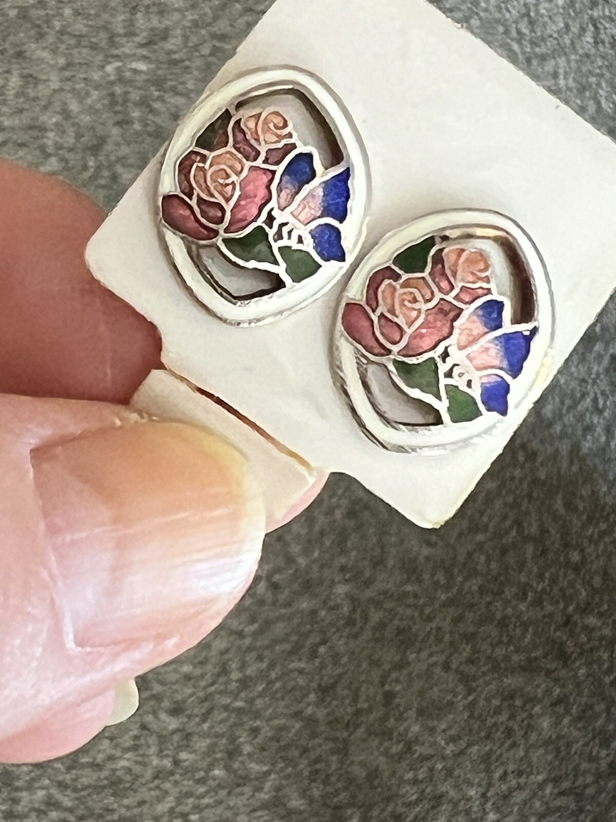 New Vtg Enamel Coated Pierce Post Earrings Pink Flower & Blue Butterfly 1/2 inch
