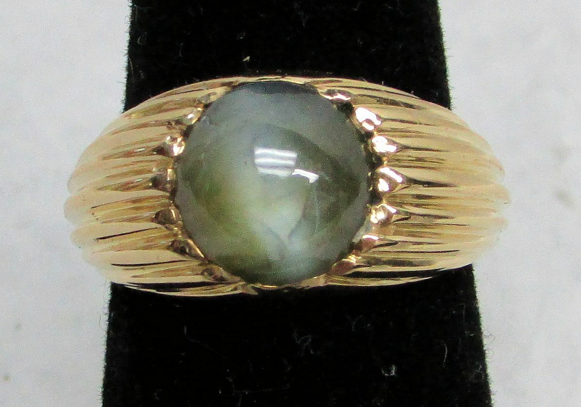 18K SOLID GOLD & 4.24ct GREEN BERYL CATS EYE STONE PINKY RING SIZE 6