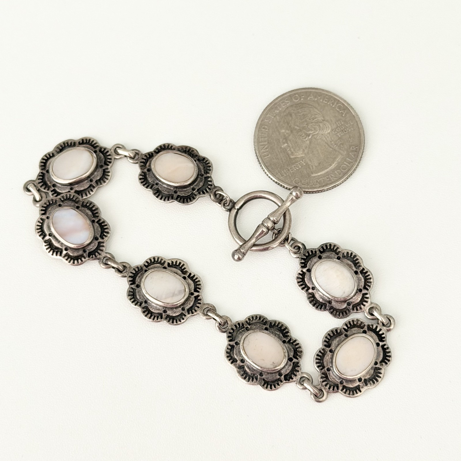 Vintage 925 Sterling Silver Mother Of Pearl Southwestern Flower Bracelet 7″