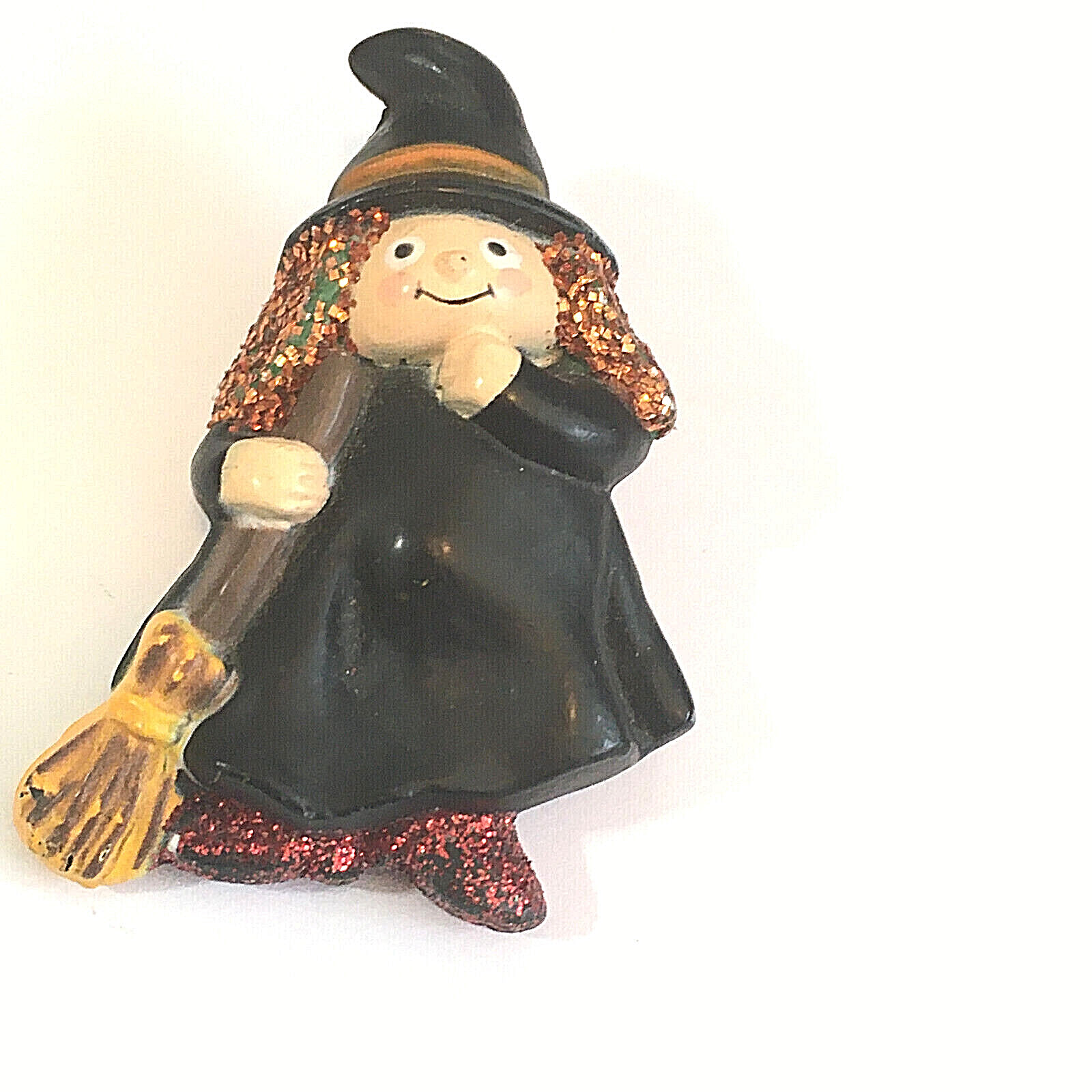Fun World PIN Halloween Vintage WITCH w BROOM Lehmann GLITTER 1980s Brooch