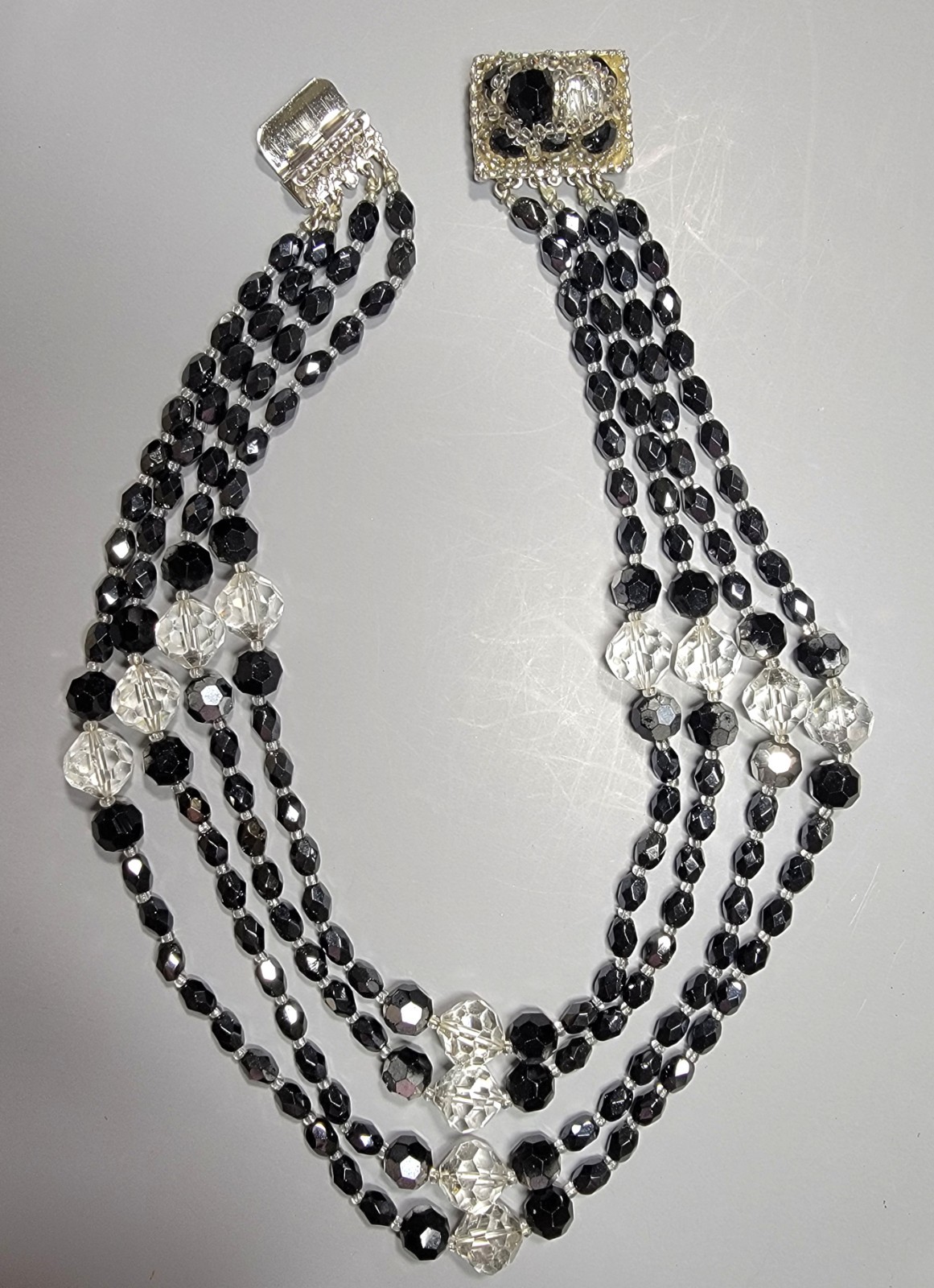 Sandor 4 Strand Black Crystal Signed Beaded And AB Clear Faceted Oval Necklaces