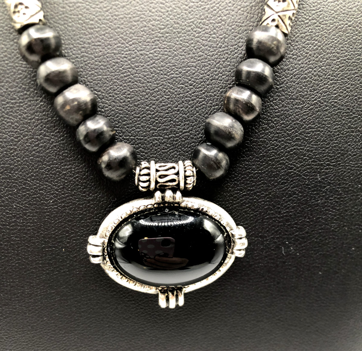 Vintage Black Beaded Necklace & Cabochon Pendant with Silver Tone Accents 20″