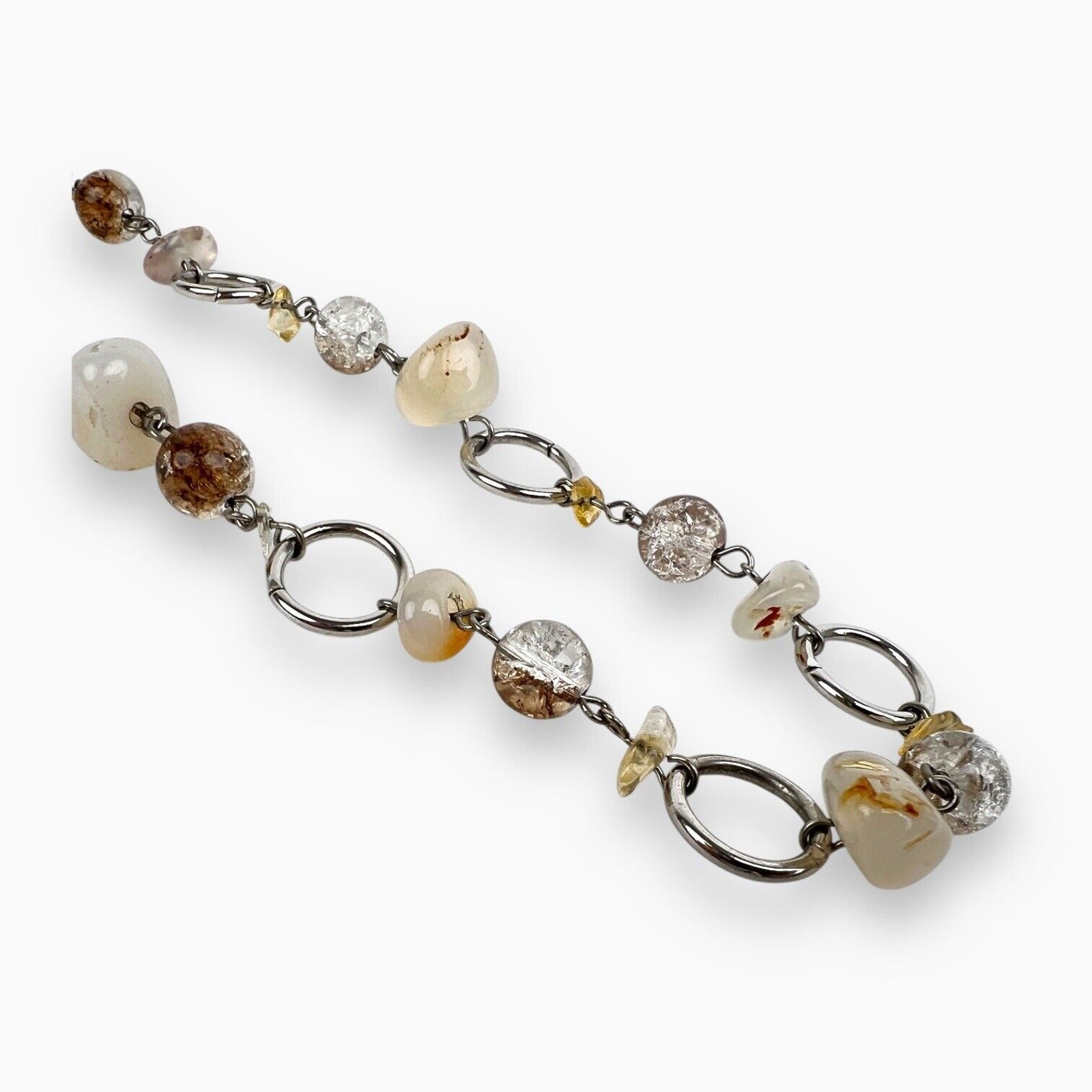 Cookie Lee Glass Beaded Necklace Natural White Brown Stone Silver Tone Vintage