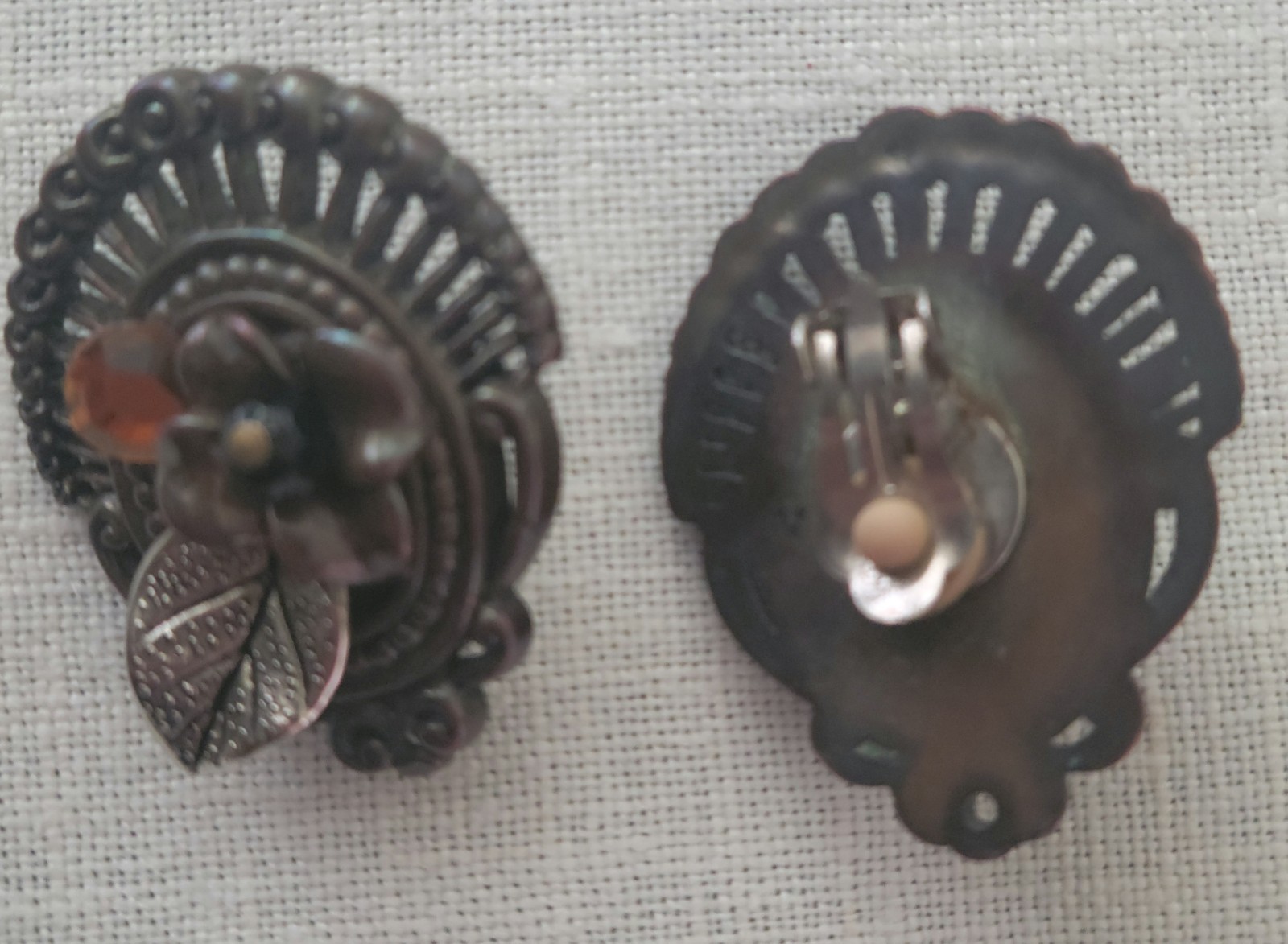 Vintage Flower Clip-On Earrings Brown Metal Amber Stone Accent