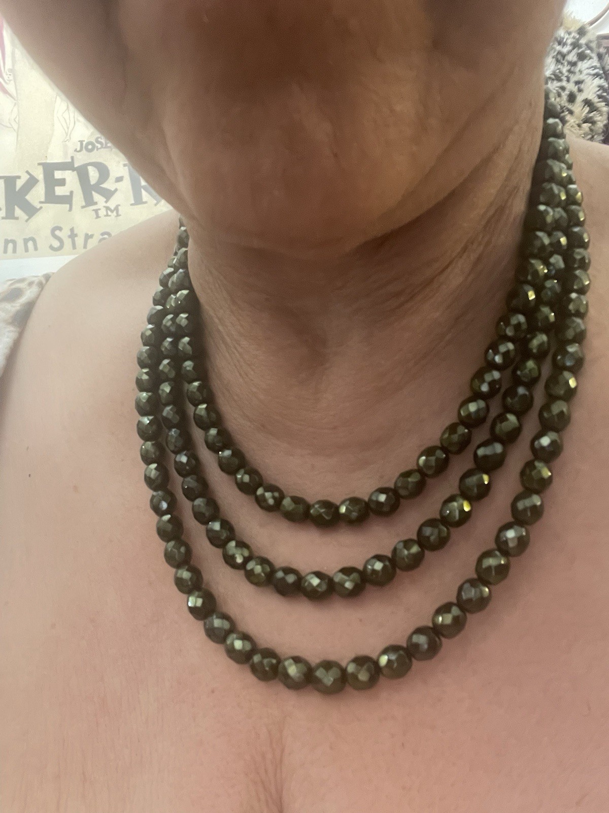 Retro Hunter Green Czech Fire Polished Faceted Pearl Bead 3-Strand Necklace