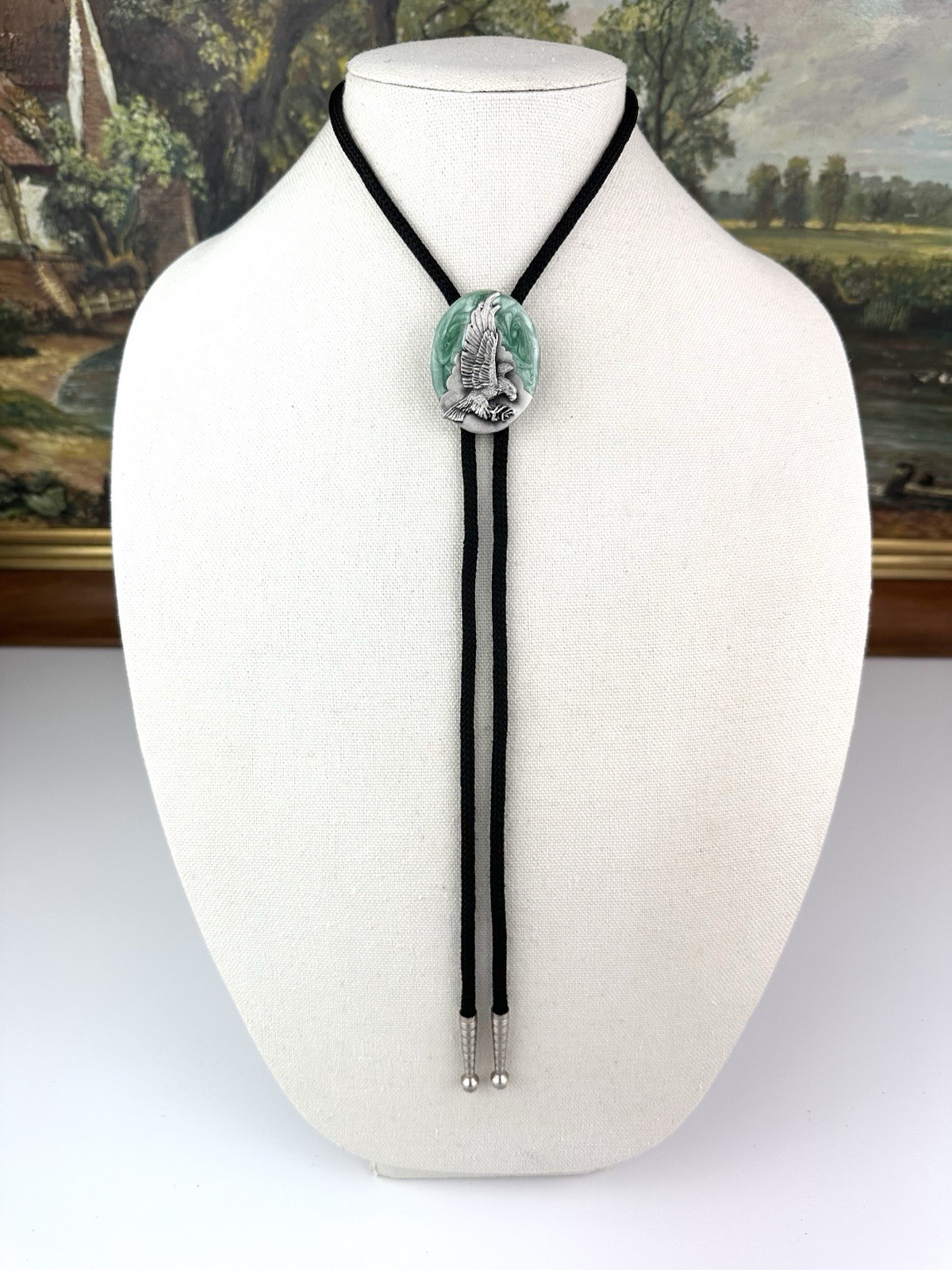 Vintage 80s Siskiyou Silver Pewter Enamel -Soaring Eagle- Western Bole Tie