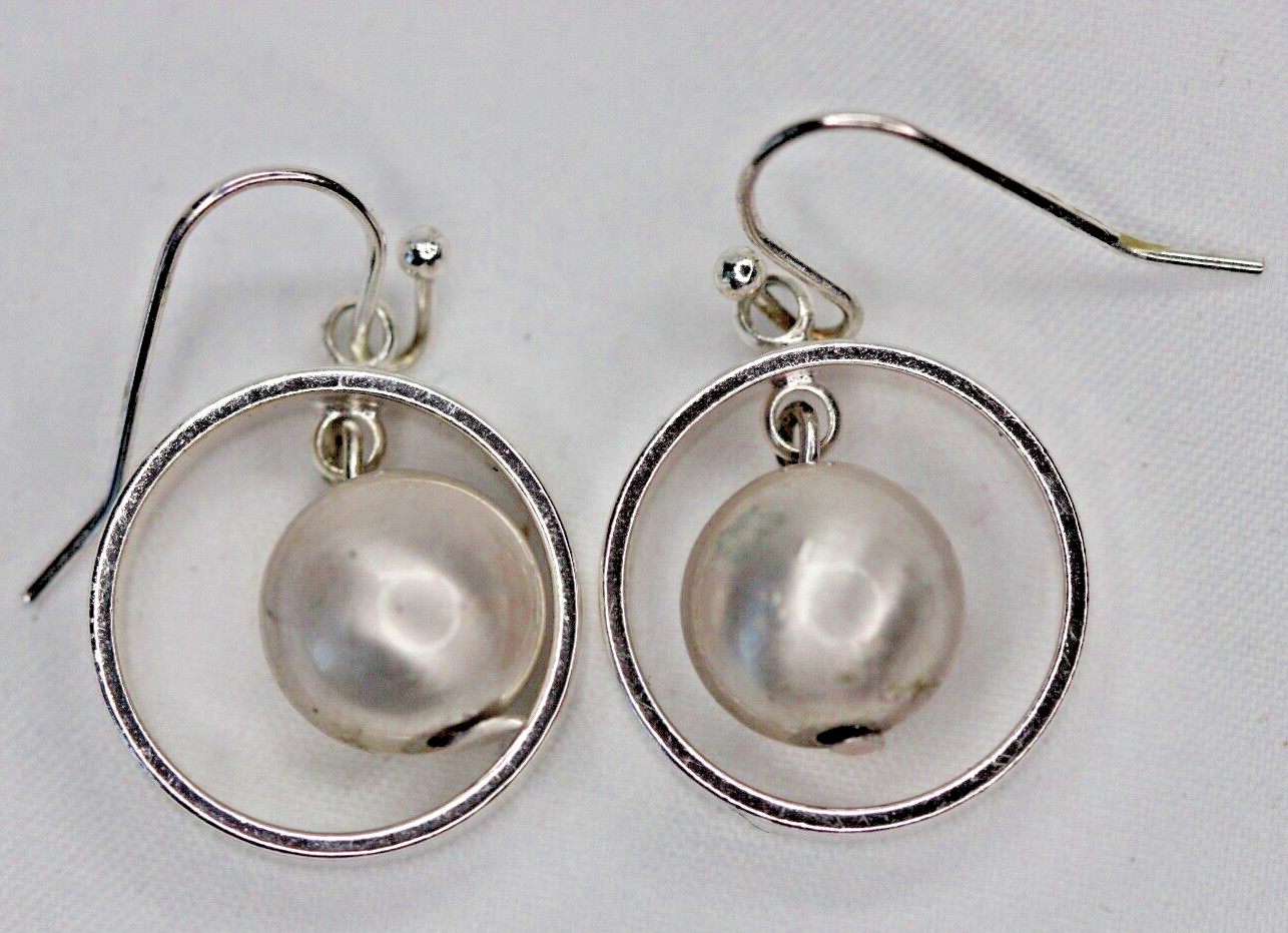 Silver Tone Floating Faux Pearl Bead Dangle Drop Hoop Earrings