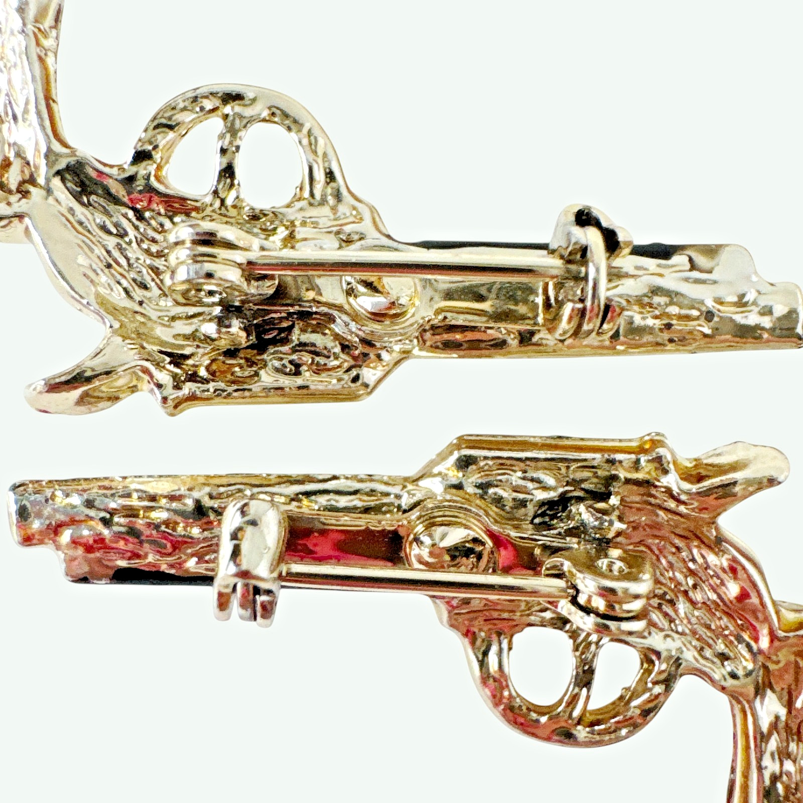 Pistol Handgun Brooch Pin Set of Two – Gold Tone & Enamel w/ Safety Clasps