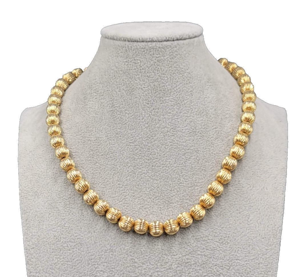 Vintage Ribbed Metal Bead Necklace 10 mm Gold Plated 18″