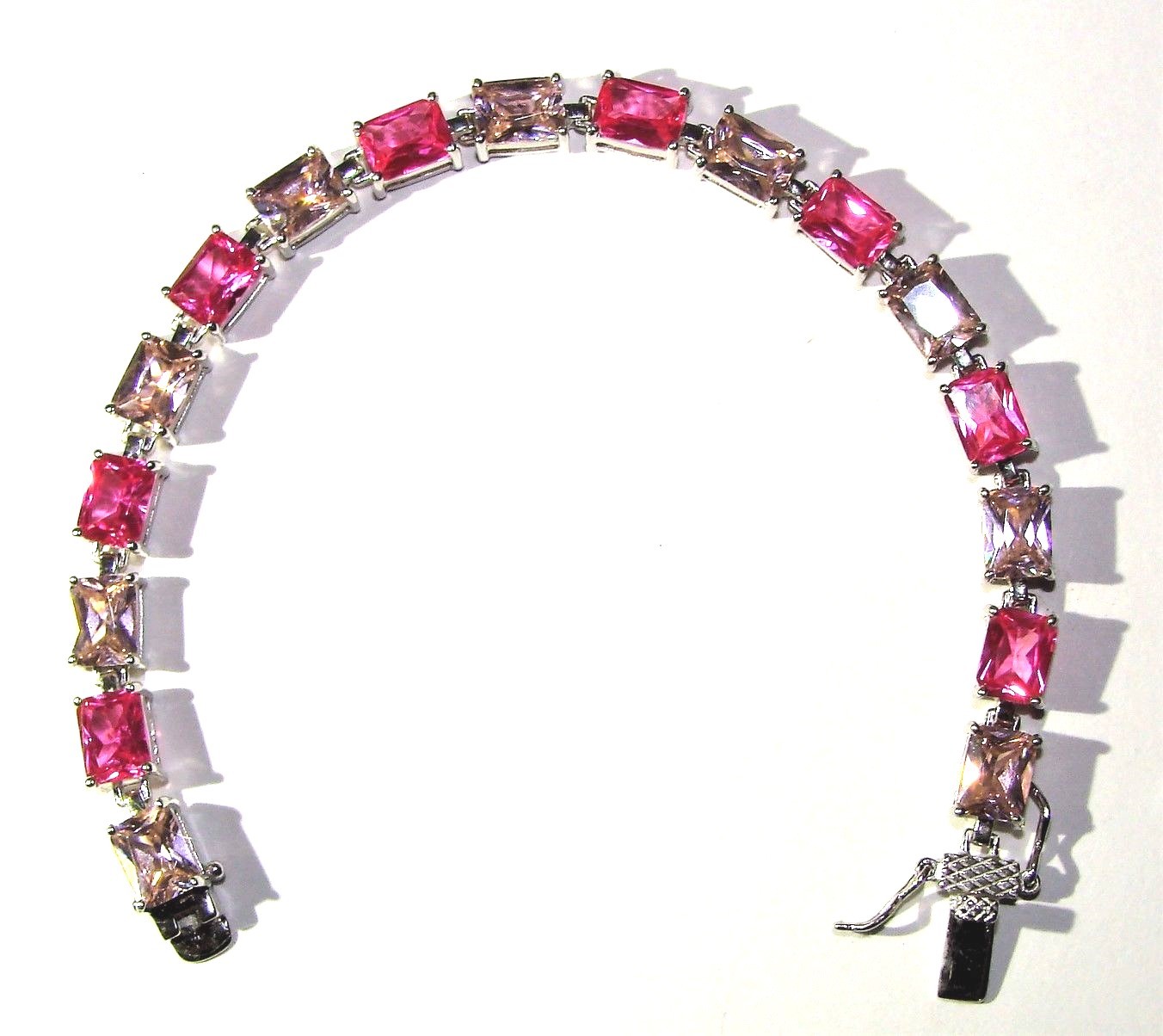 STERLING SILVER PINK EMERALD CUT CZ 925 TENNIS BRACELET 7.5″ X 6MM 21.4g EC