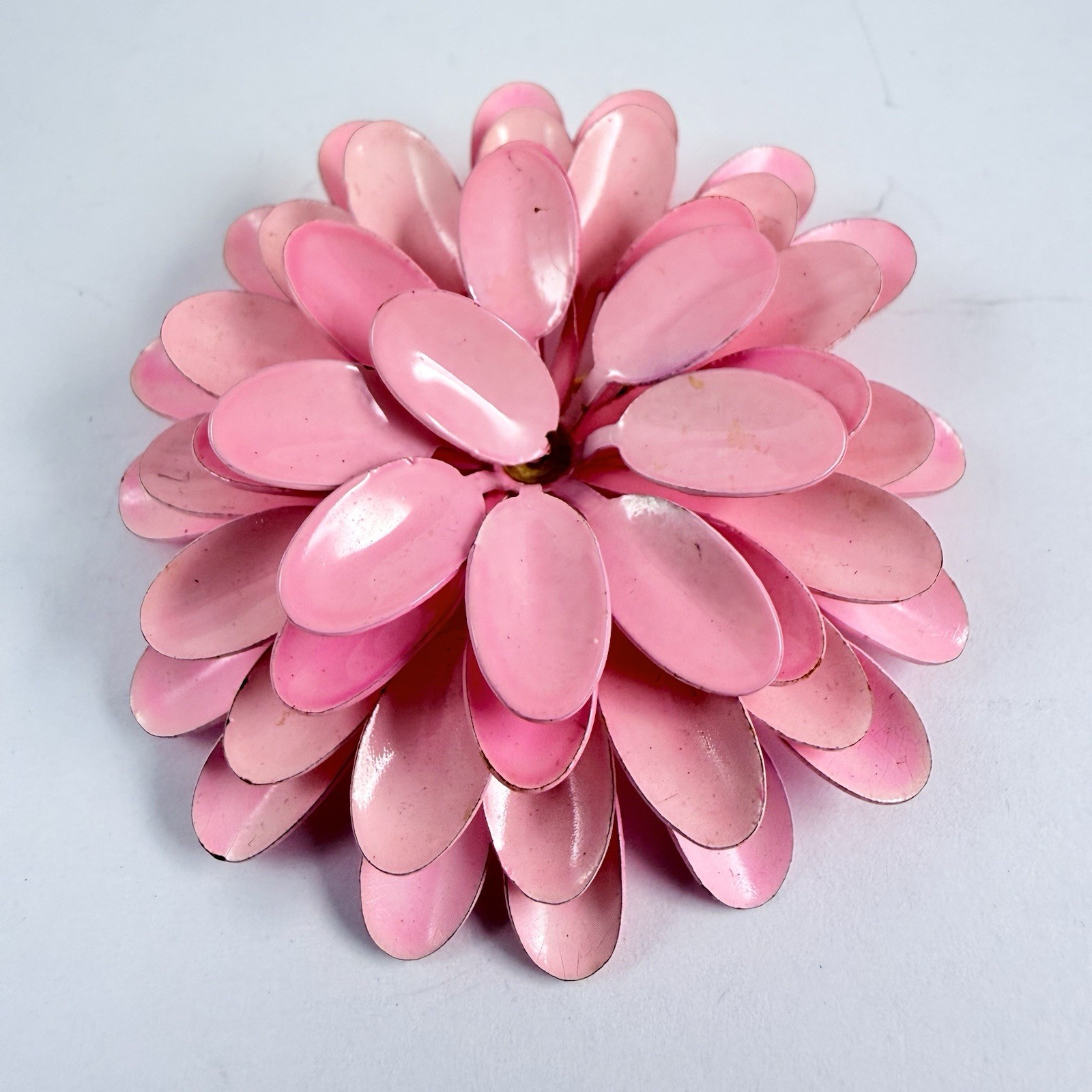 Vintage Pretty Pink Enameled Layered Metal Flower Brooch