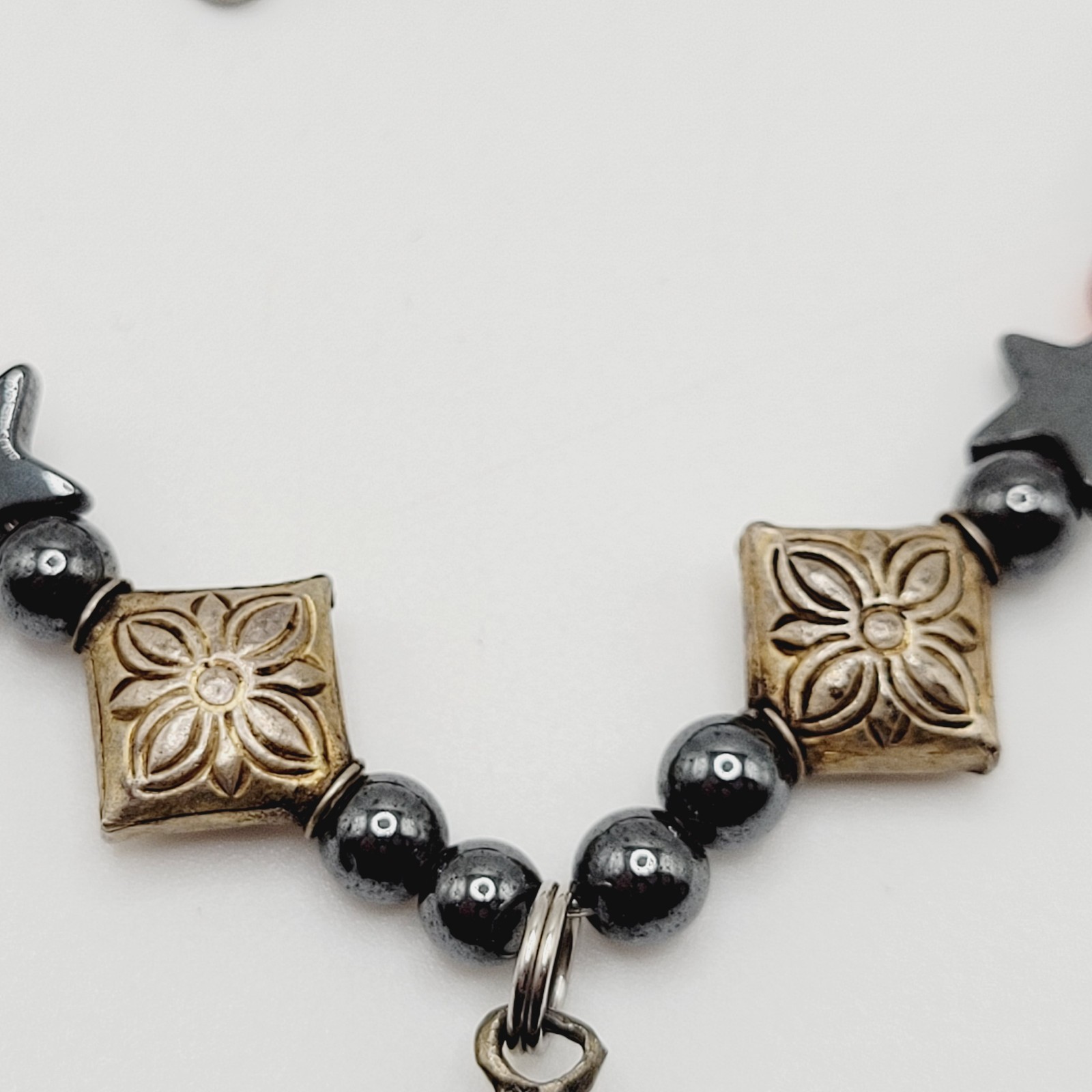 Celestial Sun Stars Black Hematine Bead Pendant Gold Tone Cone Ends Necklace