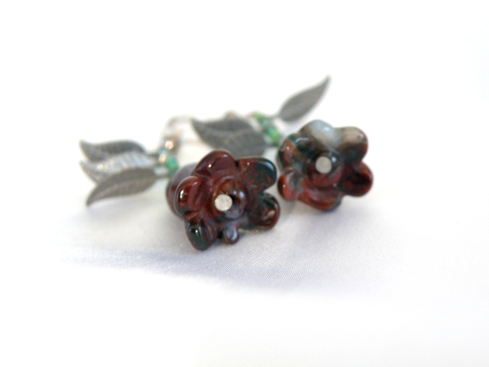 Vintage Sterling Silver 925 Artisan Tulip Flower Carved Stone Dangle Earrings