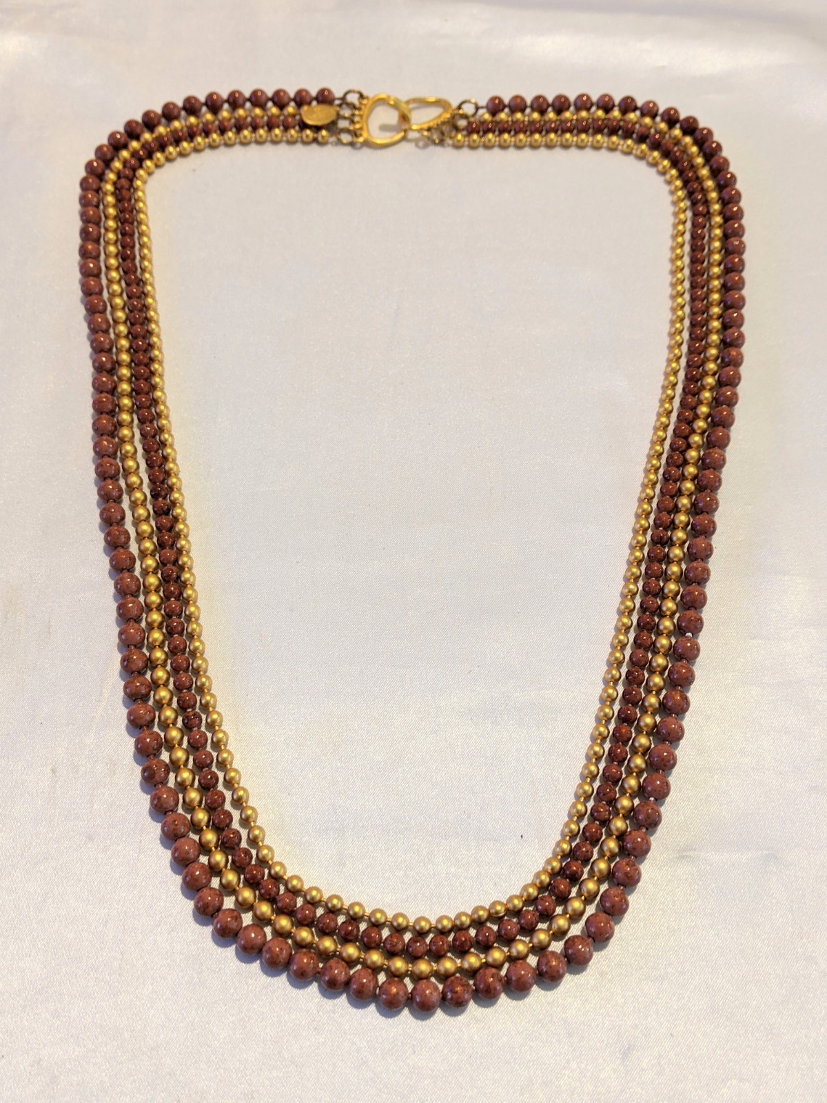Vintage GEORGIOU Layered Beaded 4-Strand Necklace 27″ Dark Mauve-Beige w/ Gold