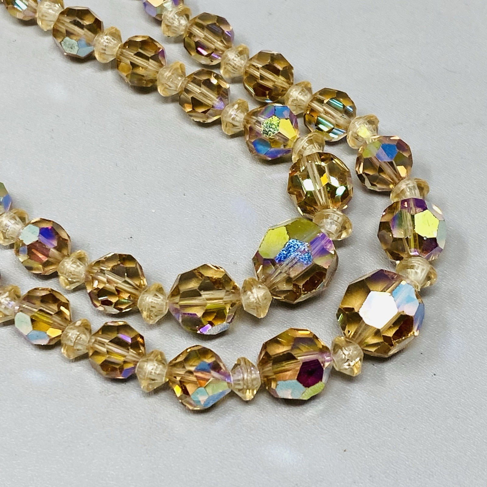 VTG Crystal Beaded Necklace Champagne Aurora Borealis Faceted Double Strand 15″