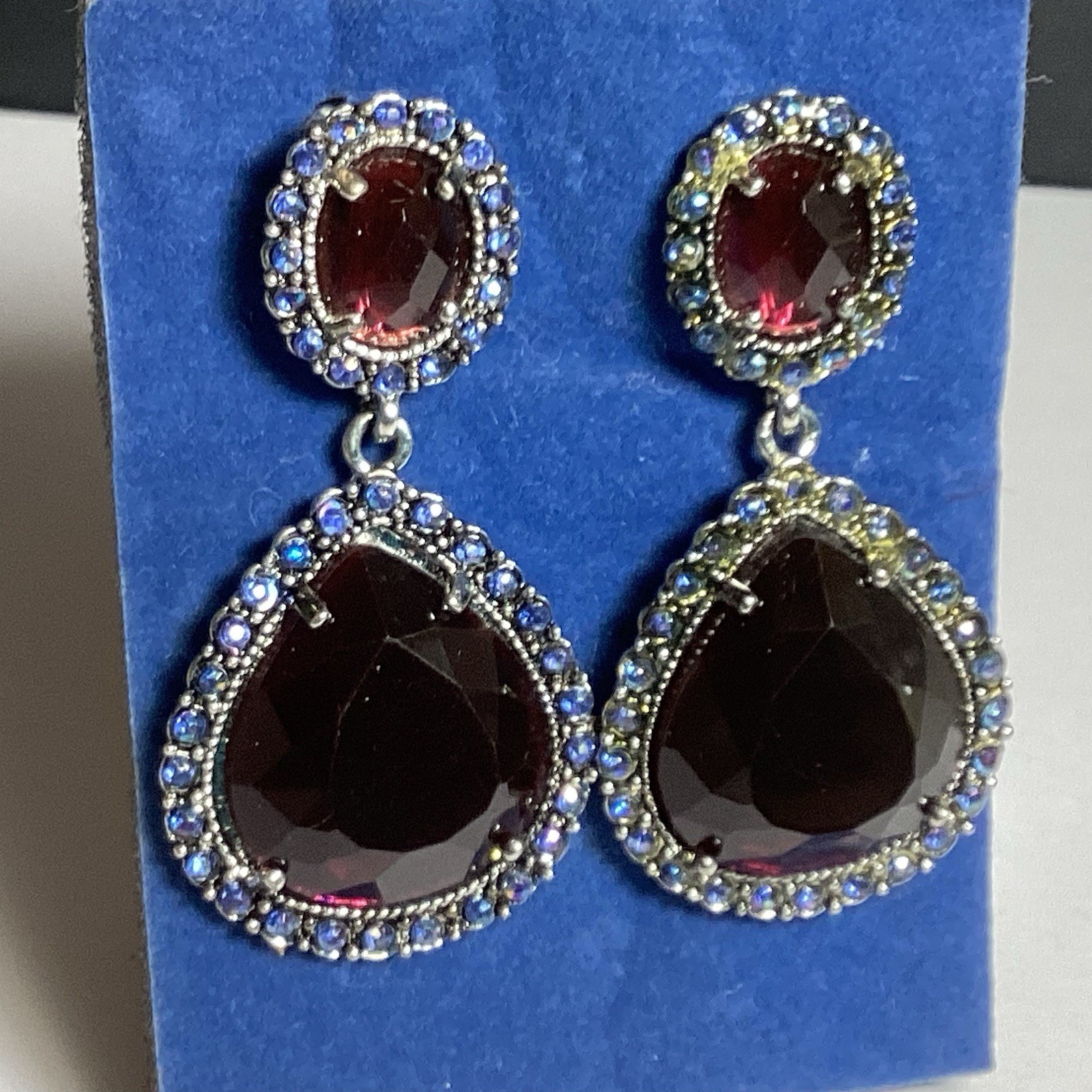 NR NINA RICCI FOR AVON CLIP-ON EARRINGS DROP DANGLE PURPLE & BLUE RHINESTONE