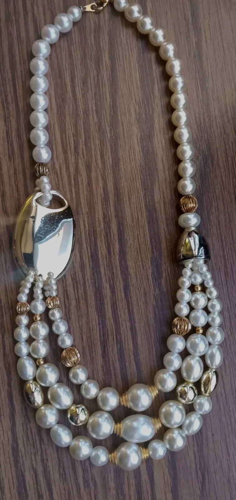 Gold Tone Metal & Faux Pearl Bib Necklace 16-20″ Unbranded See Description Below