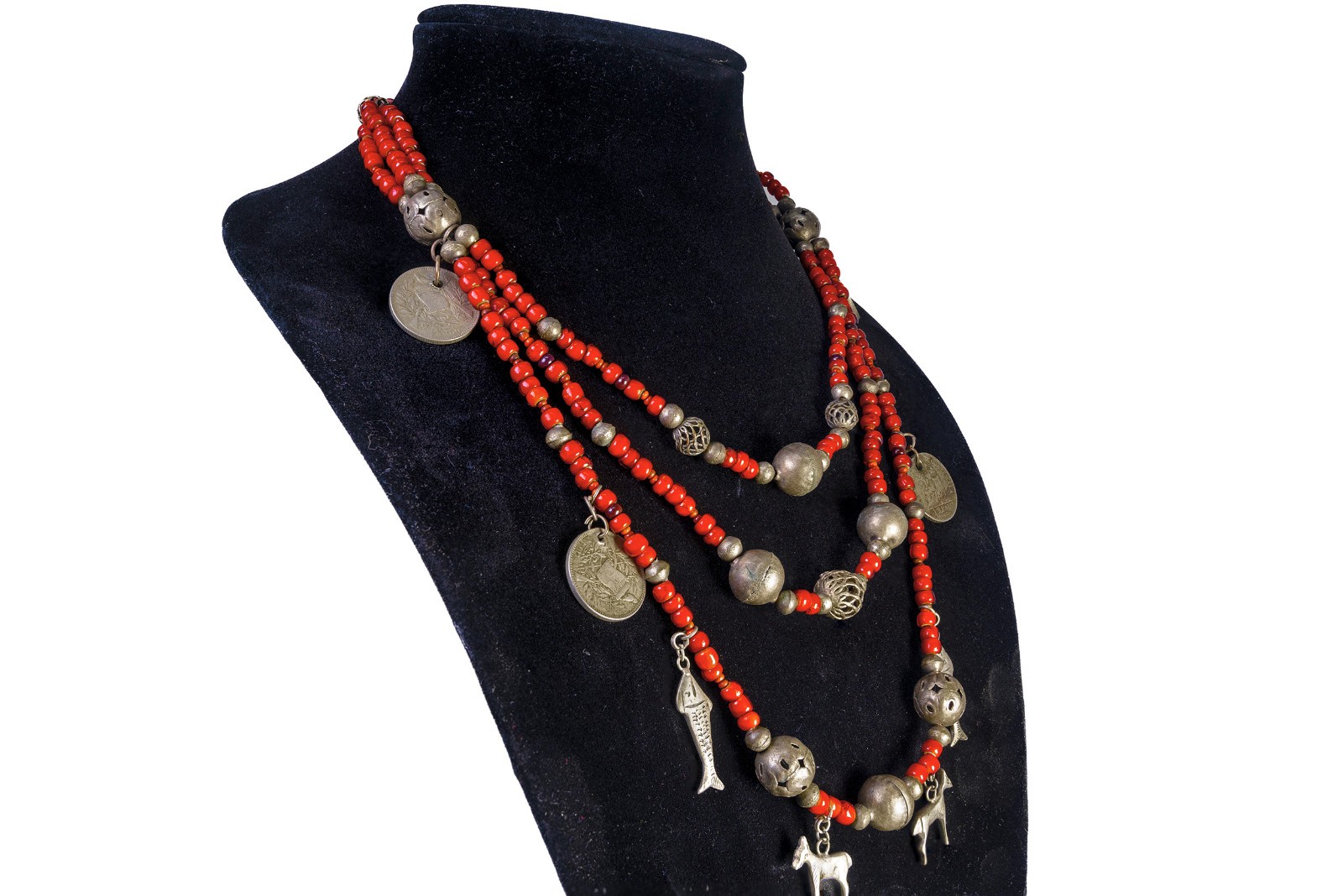 VTG Chachal Necklace w/ White Heart Beads, Guatemalan Coins, & Milagros Charms