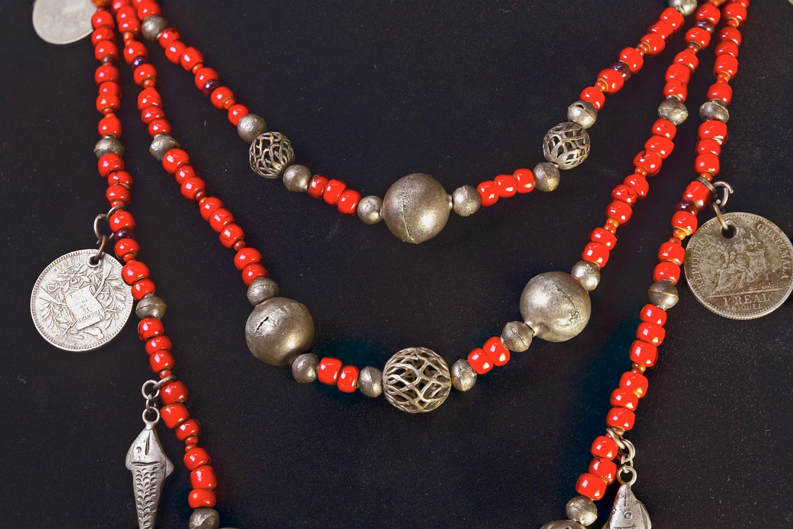 VTG Chachal Necklace w/ White Heart Beads, Guatemalan Coins, & Milagros Charms