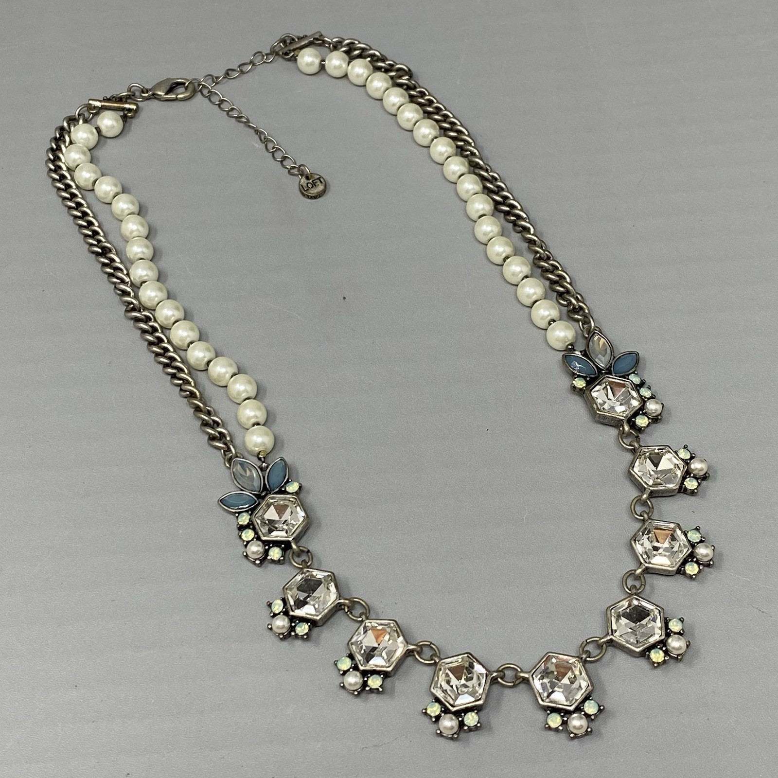 Loft Necklace Chunky Fringe Layered Multistrand Imitation Pearl Chain Collar 20″