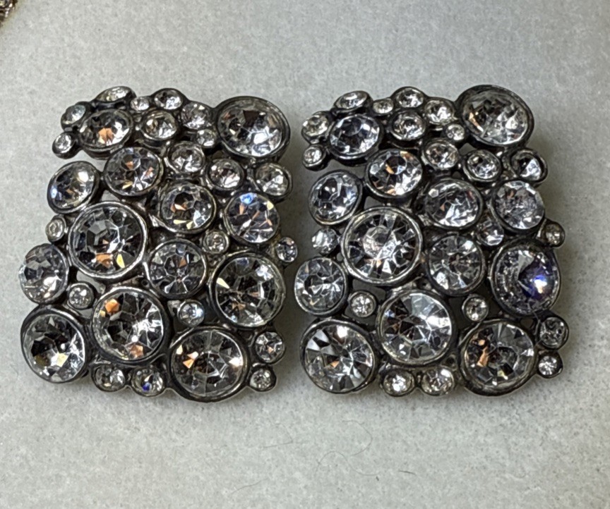 Vintage Blanca Clip Earrings Silver Tone With White Rhinestones