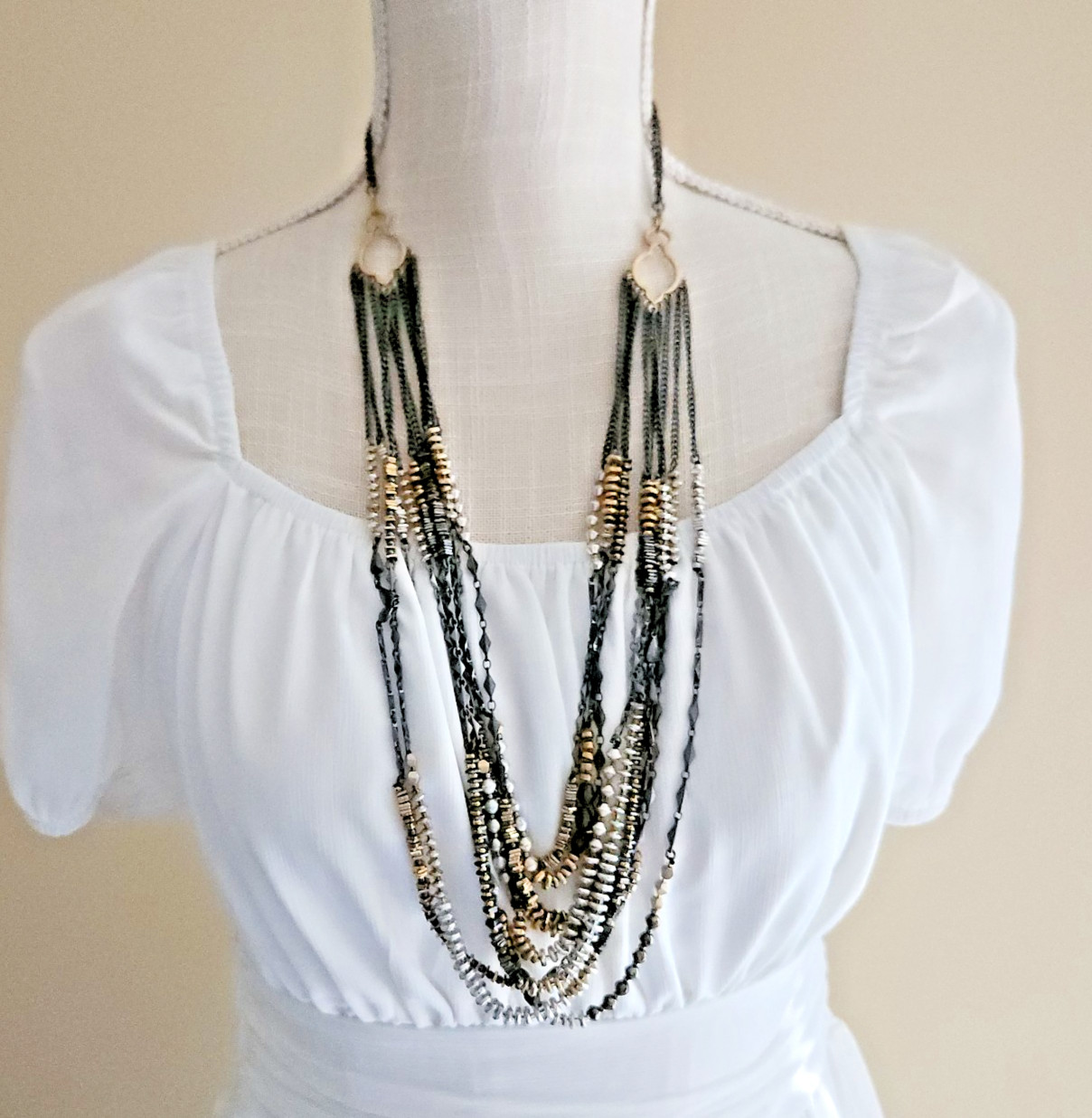 Stella & Dot Multi Strand Necklace Gold Black Silver Beaded Layered 9