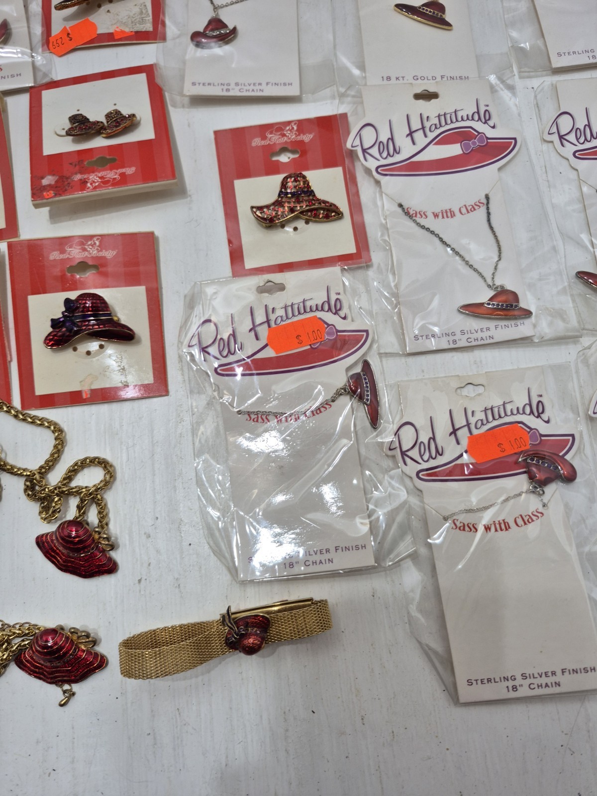 Lot Vintage Red Hat Society Brooch Pin Necklace Earrings Bracelets NOS Jewelry