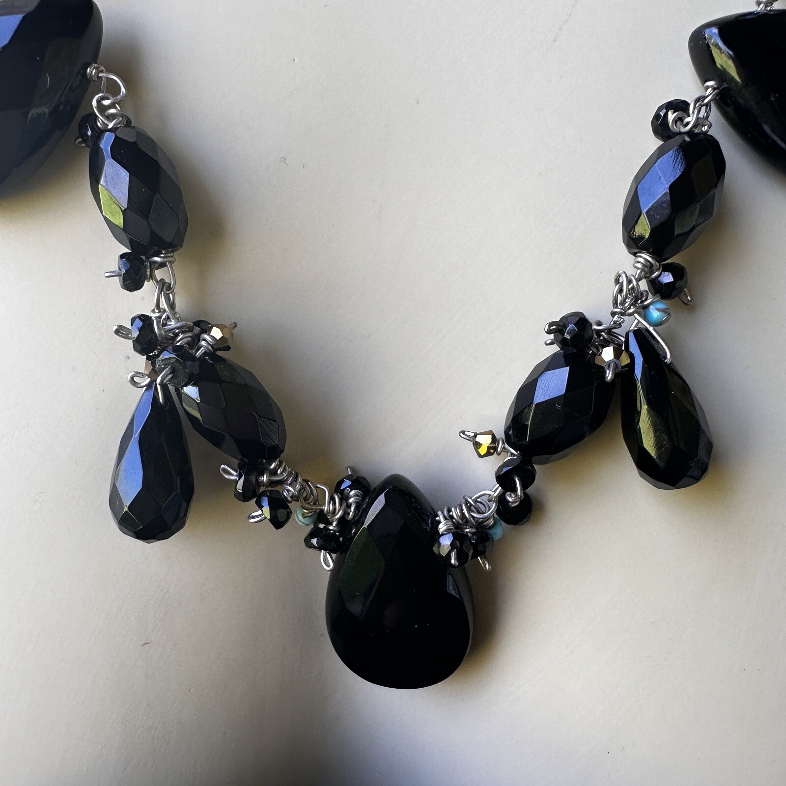 VTG Beaded Necklace 22 Inch Polished Glass Oval Black Faceted 925 Sterling