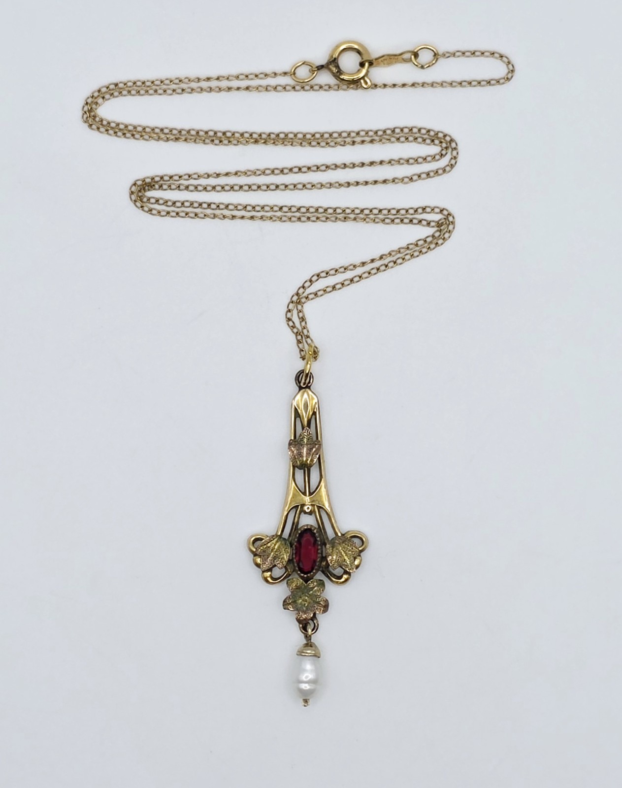 Antique Art Nouveau Lavalier Pendant Necklace Gold Filled Red Stone Pearl