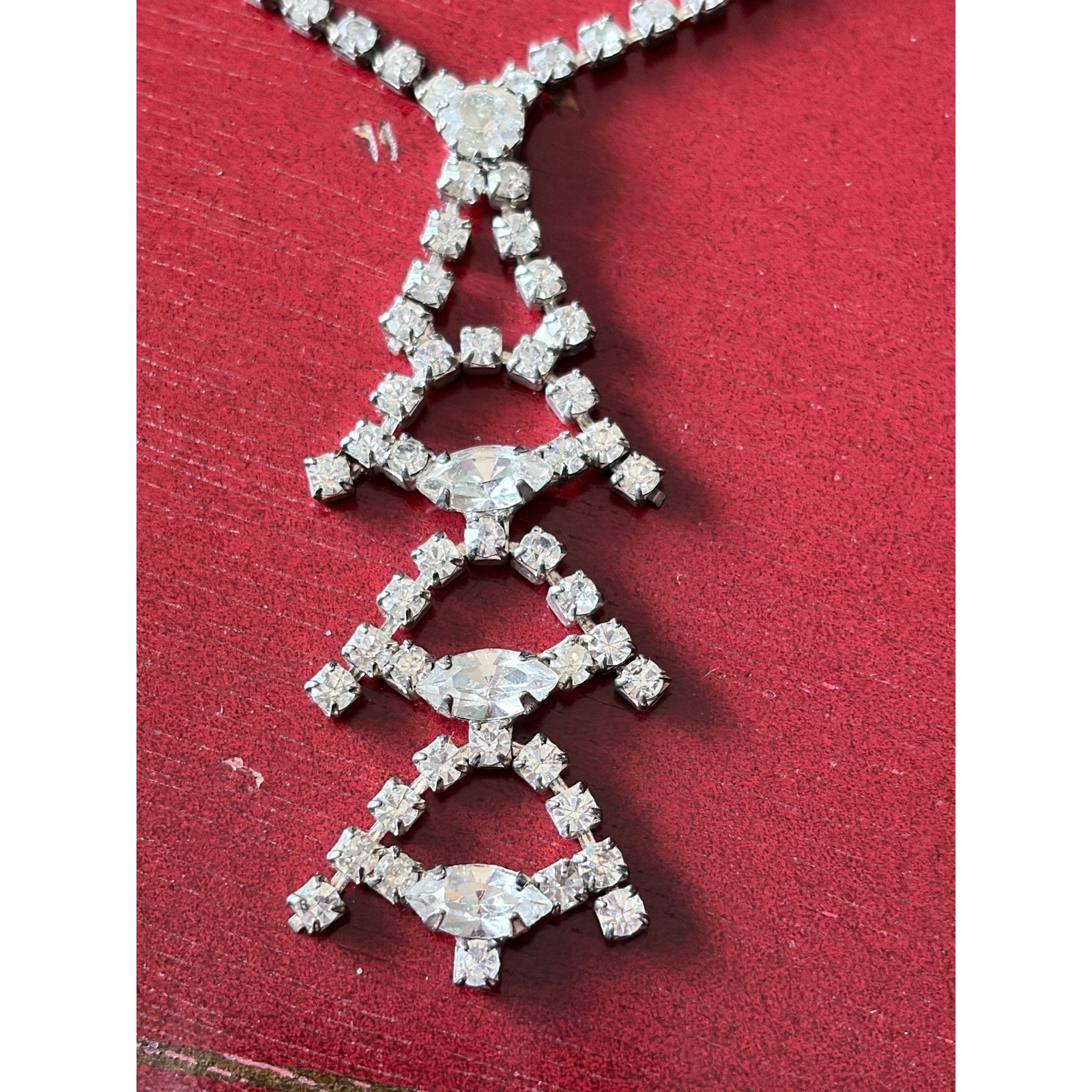 Vintage Rhinestone Geometric Pendant Necklace Stacked Lozenge Drop 14″ Prom 50s