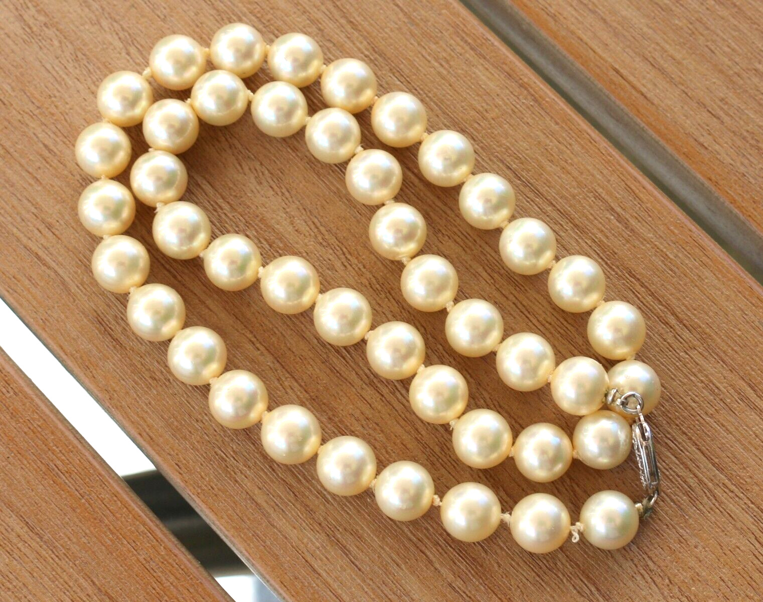 Vintage 14k White Gold Clasp Faux Pearl Knotted Necklace 15”