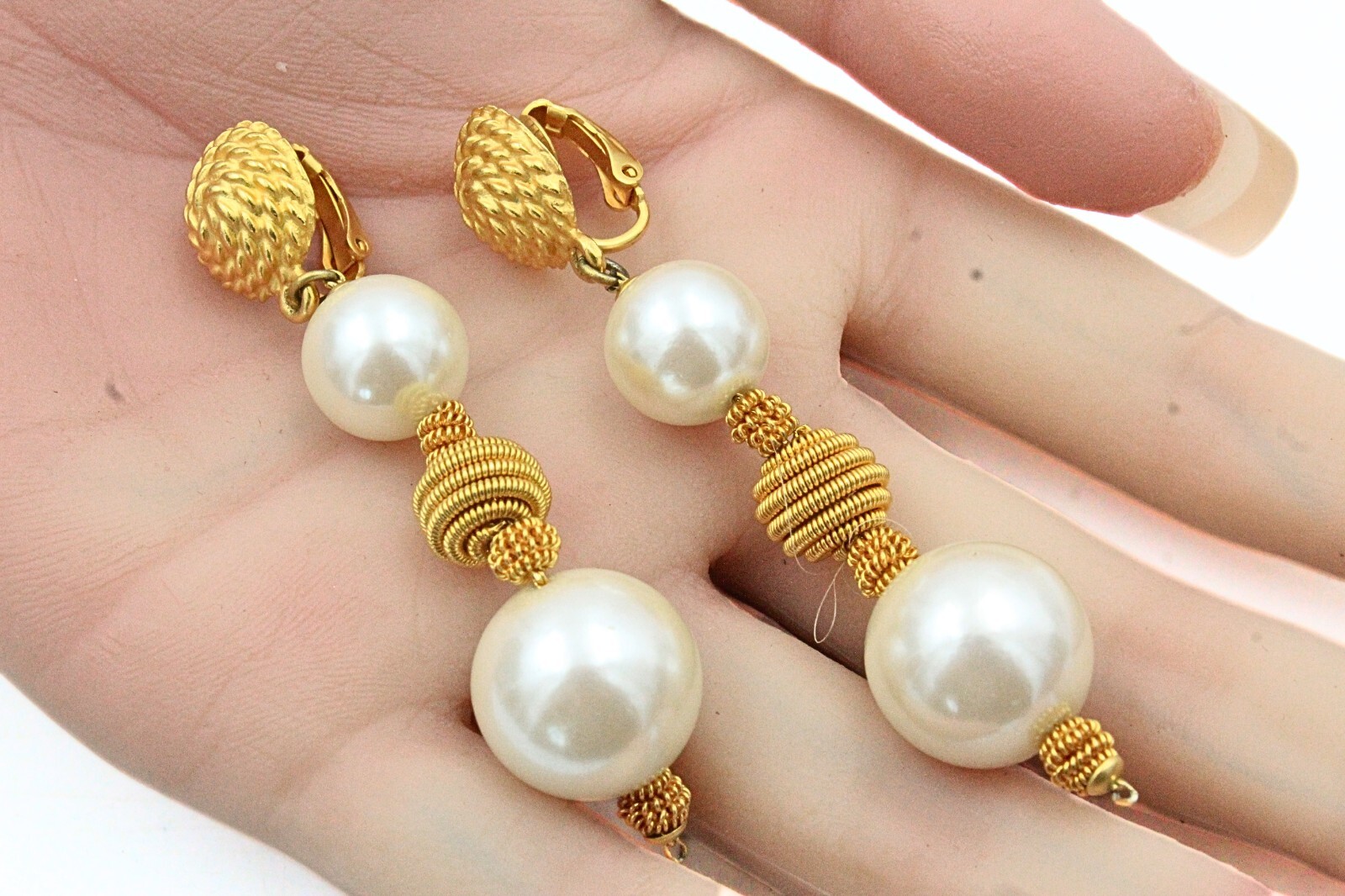 Marvelous Classic Faux Pearl Textured Gold Plate Long Dangle Drop Earrings