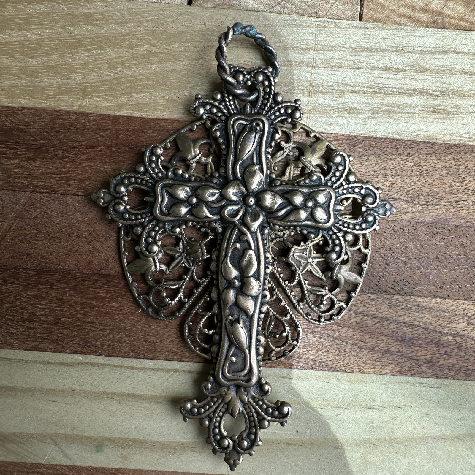 Vintage Christian Cross Pendant 3 Inch Ornate Brass Victorian Style Filigree