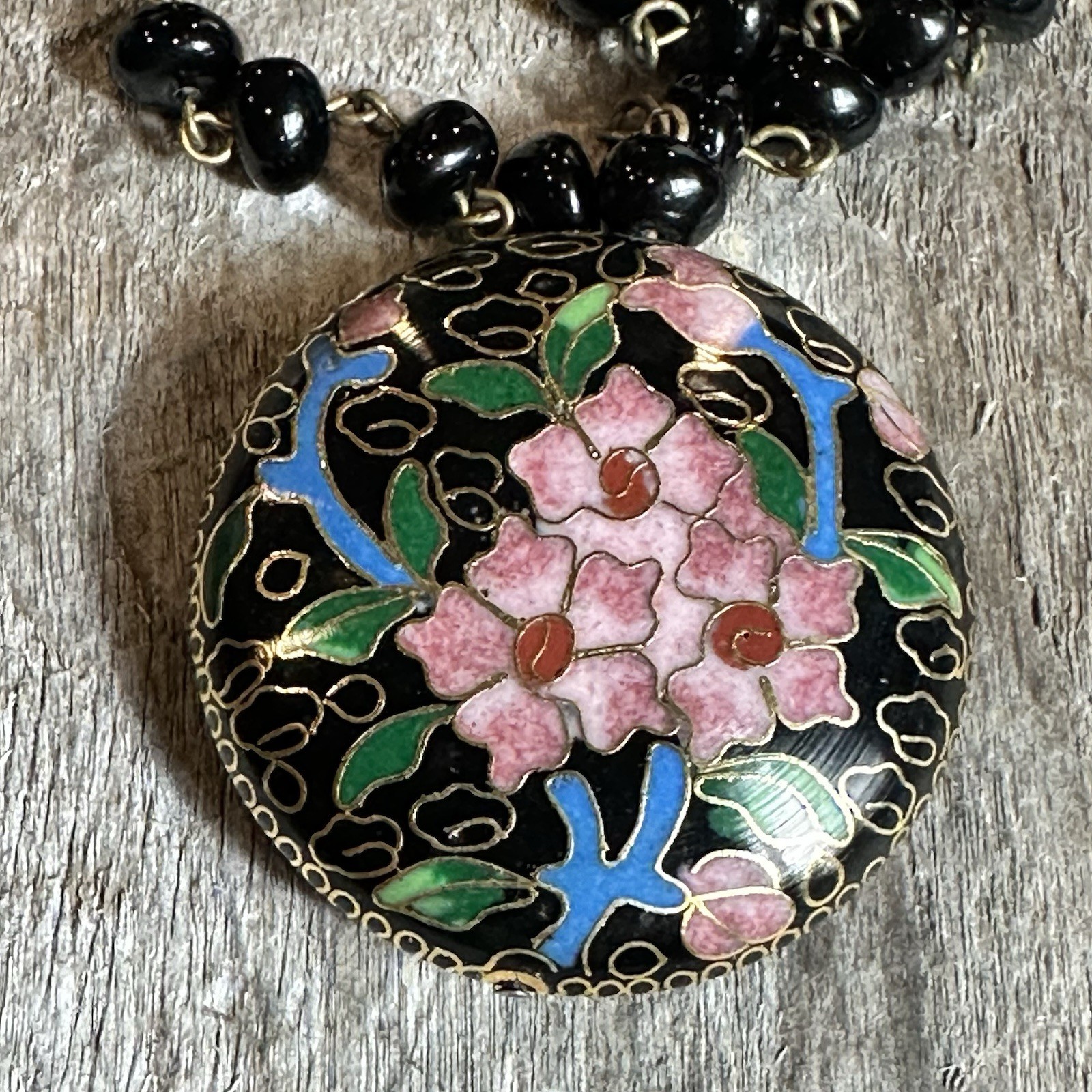 VTG RARE Signed Miriam Haskell Cloisonné Necklace Medallion & Glass Bead 18”