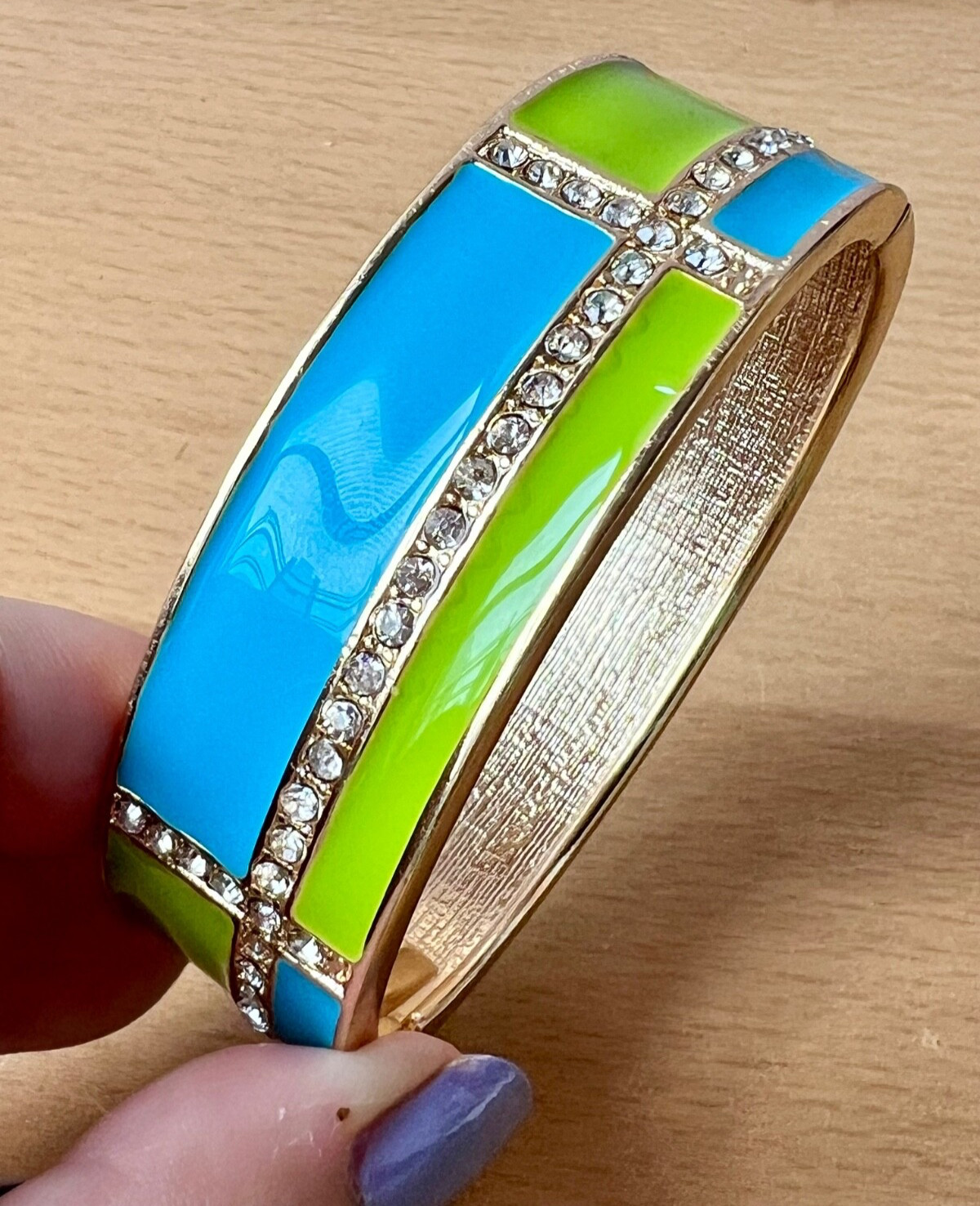 VINTAGE VIVID NEON GREEN & BLUE ENAMEL RHINESTONES HINGED WIDE BANGLE BRACELET