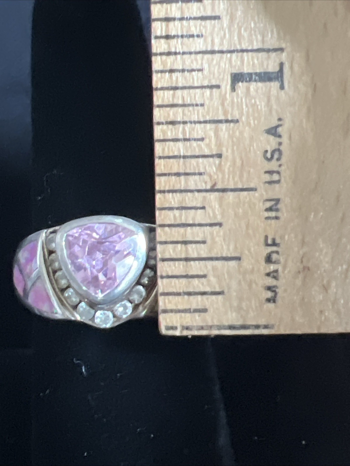 Stunning 925 Sterling Silver Pink Trillion Cut Ring with Inlay & Accents