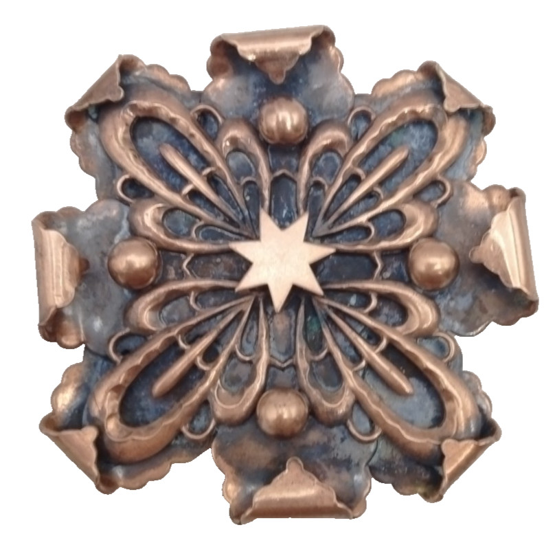 Artisan Crafted Copper Flower Brooch Pin Boho Dimensional Star Medallion Jewelry