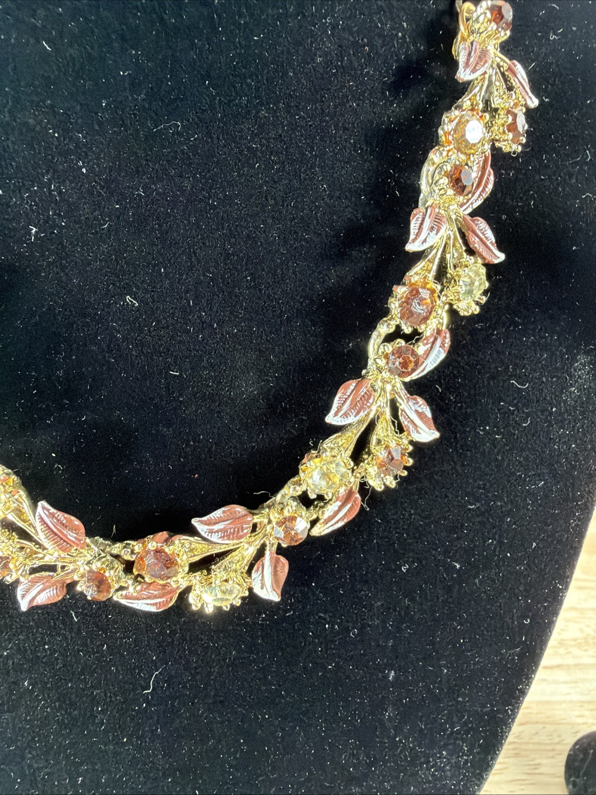 Vintage Brown Rhinestone Flower Necklace Gold Tone With Matching Clip Earrings