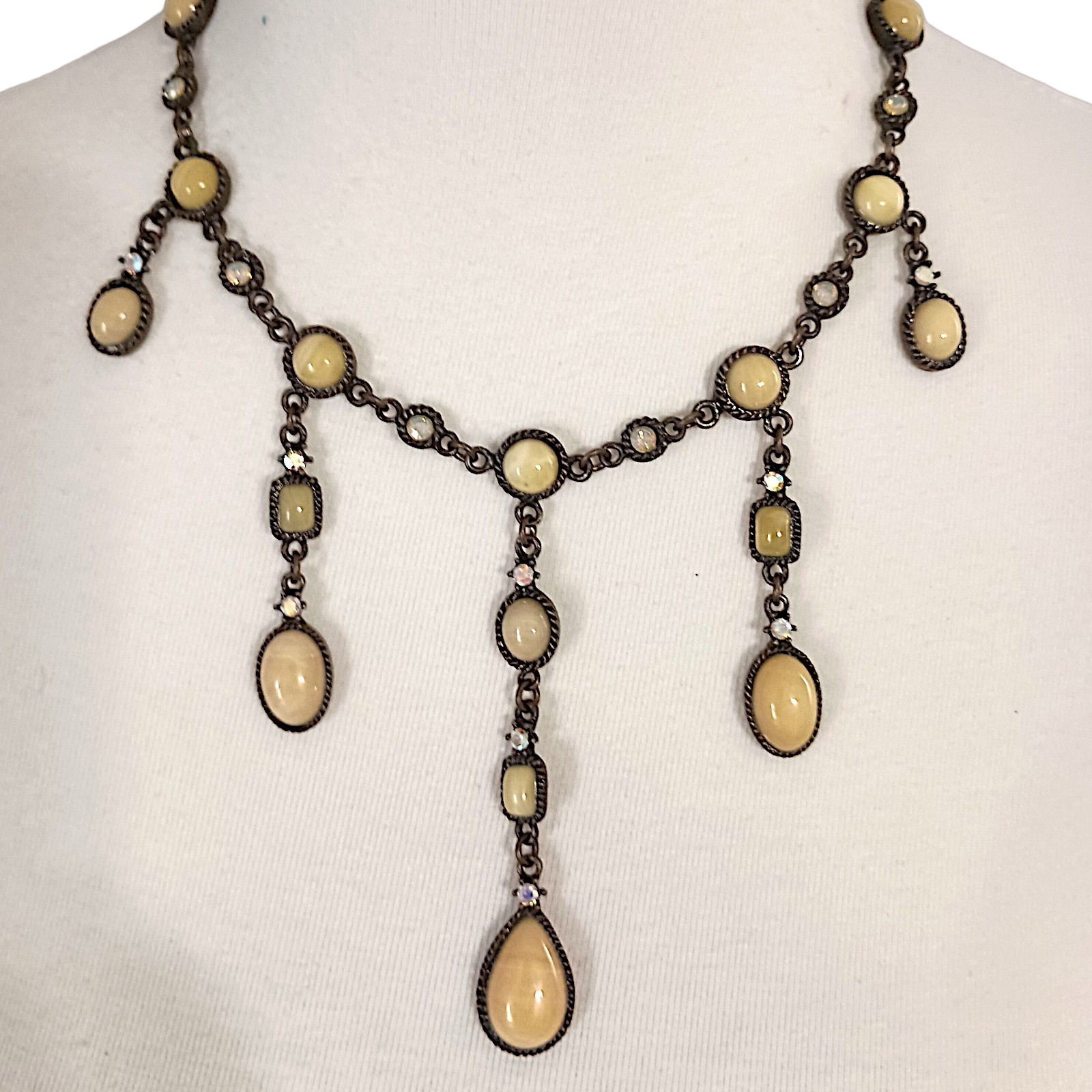 Vtg 90s Chandelier Bib Necklace Statement Egg Yolk Cabochon Art Nouveau Collar